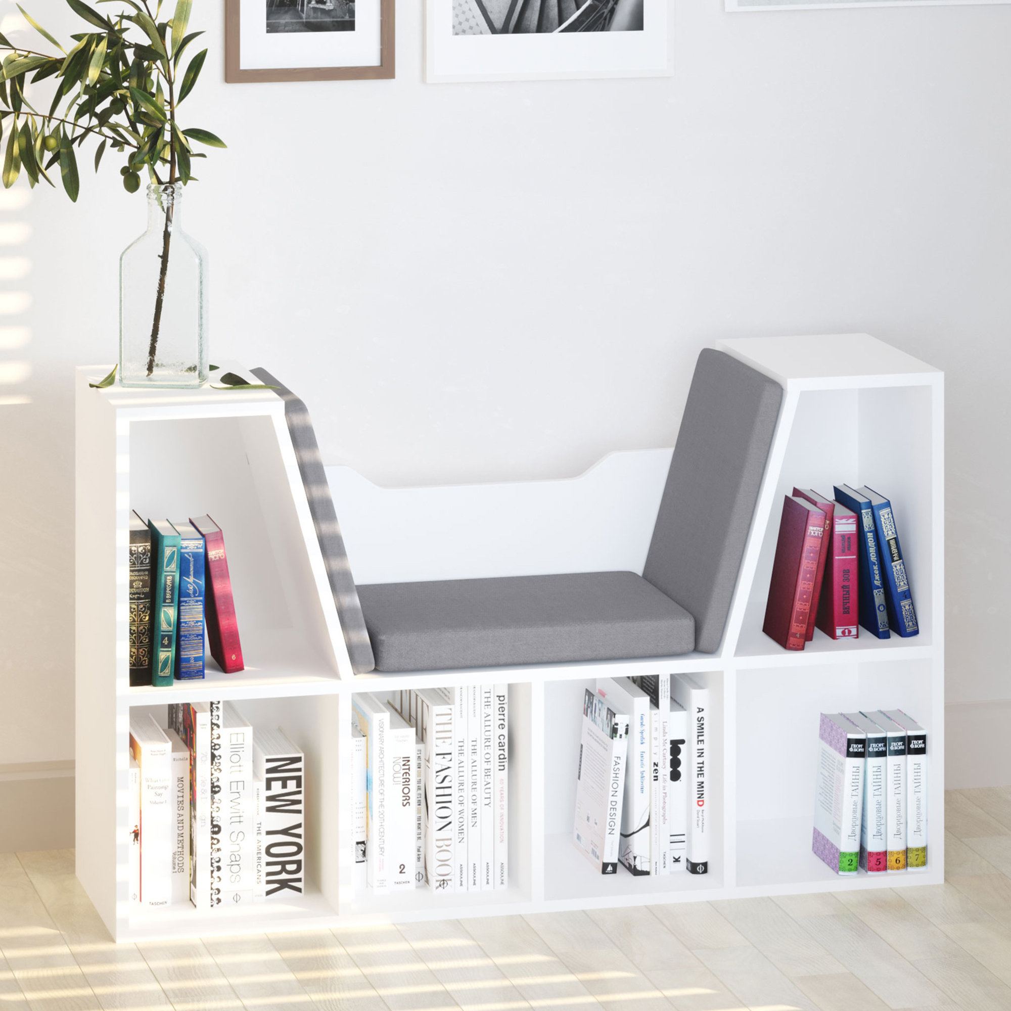  Biblioteca Raft 2 in 1 cu Perne Moi si 6 Compartimente, Mobilier Multifunctional pentru Carti si Jocuri, Raft cu 6 Cuburi pentru Living, Dormitor si Birou, 102x30x61 cm, Alb [1]