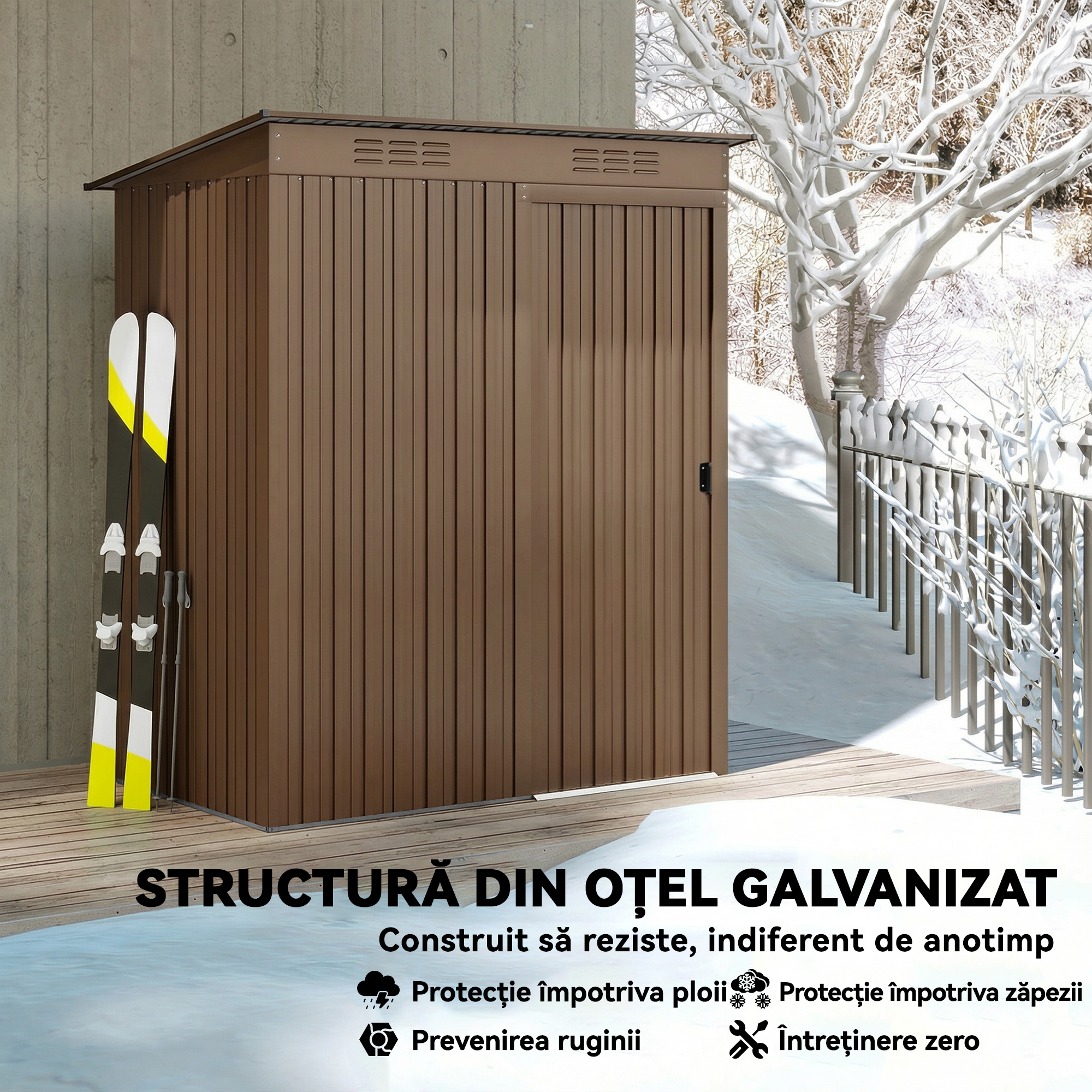  Casuta de Gradina 1.37m² din Metal, Montaj Usor, Casuta pentru Unelte de Gradina cu Orificii de Aerisire, Usa Glisanta, Acoperis inclinat si Manusi, 159x106x181 cm, Maro [4]