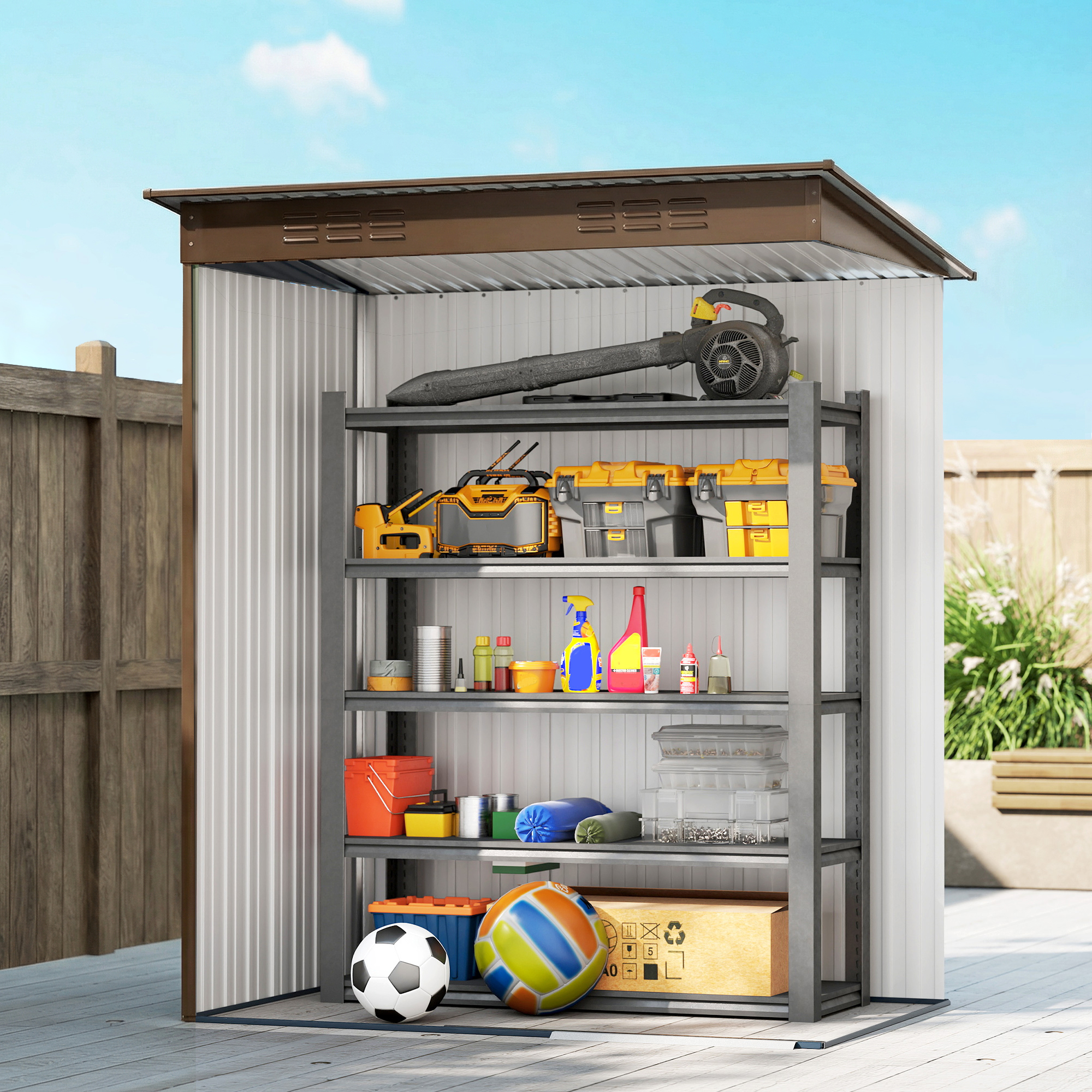  Casuta de Gradina 1.37m² din Metal, Montaj Usor, Casuta pentru Unelte de Gradina cu Orificii de Aerisire, Usa Glisanta, Acoperis inclinat si Manusi, 159x106x181 cm, Maro [8]