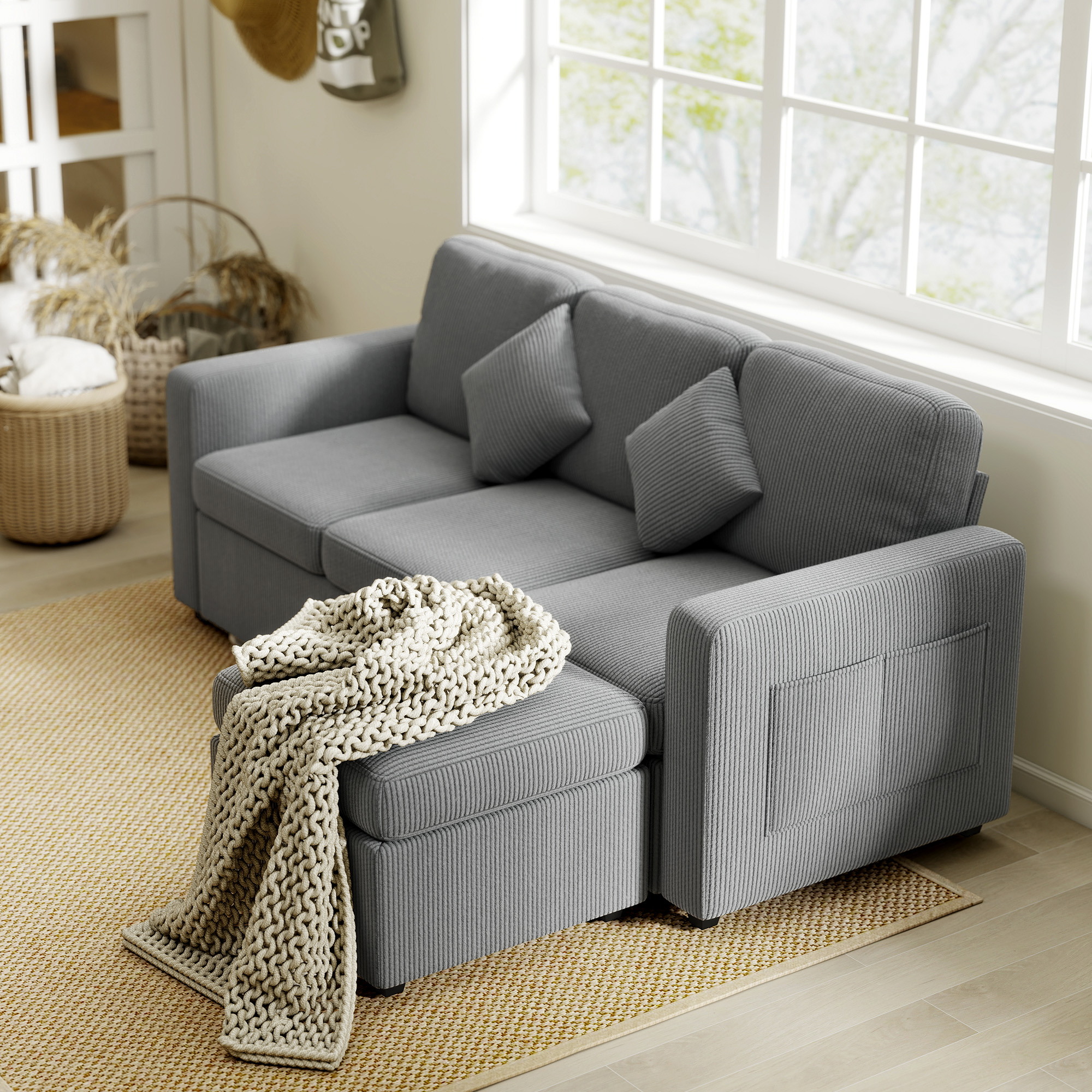  Canapea Modulara cu 3 Locuri si Taburet de Depozitare din Catifea, 196x139x85 cm, Gri Deschis [7]