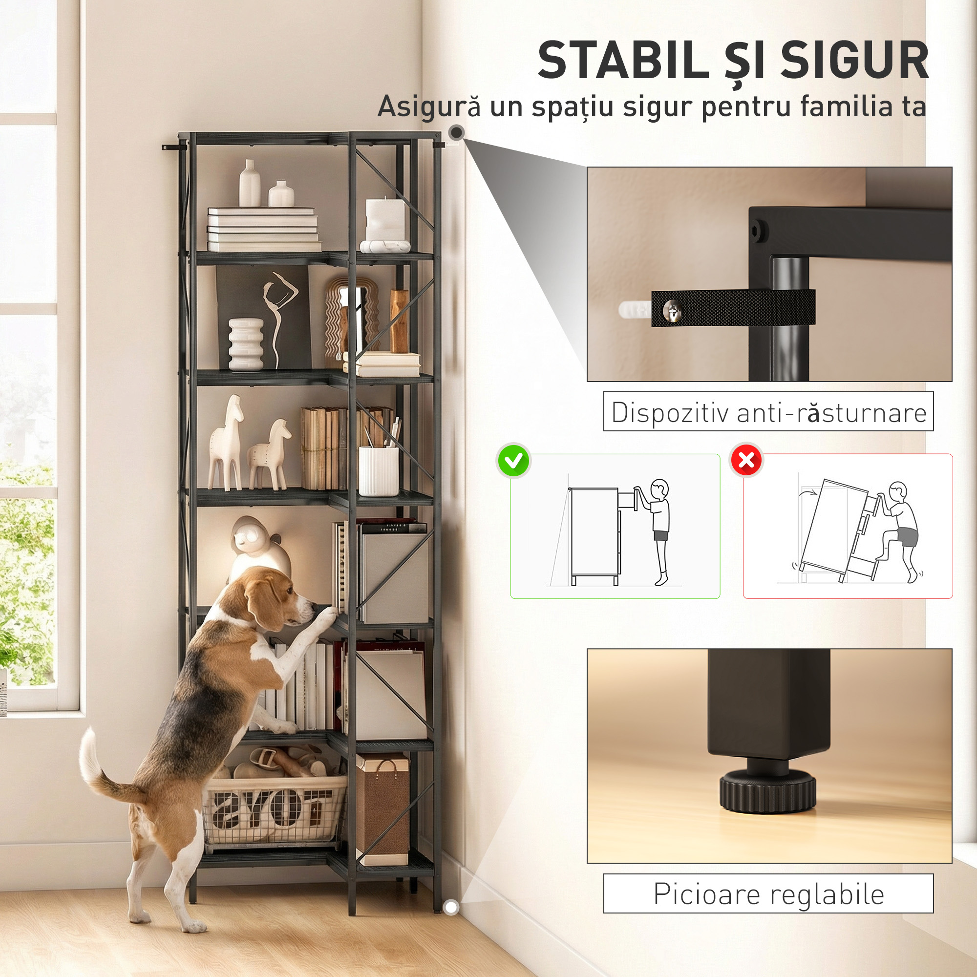  Biblioteca Coltar cu 7 Rafturi, Stil Industrial, Efect Lemn Negru [5]