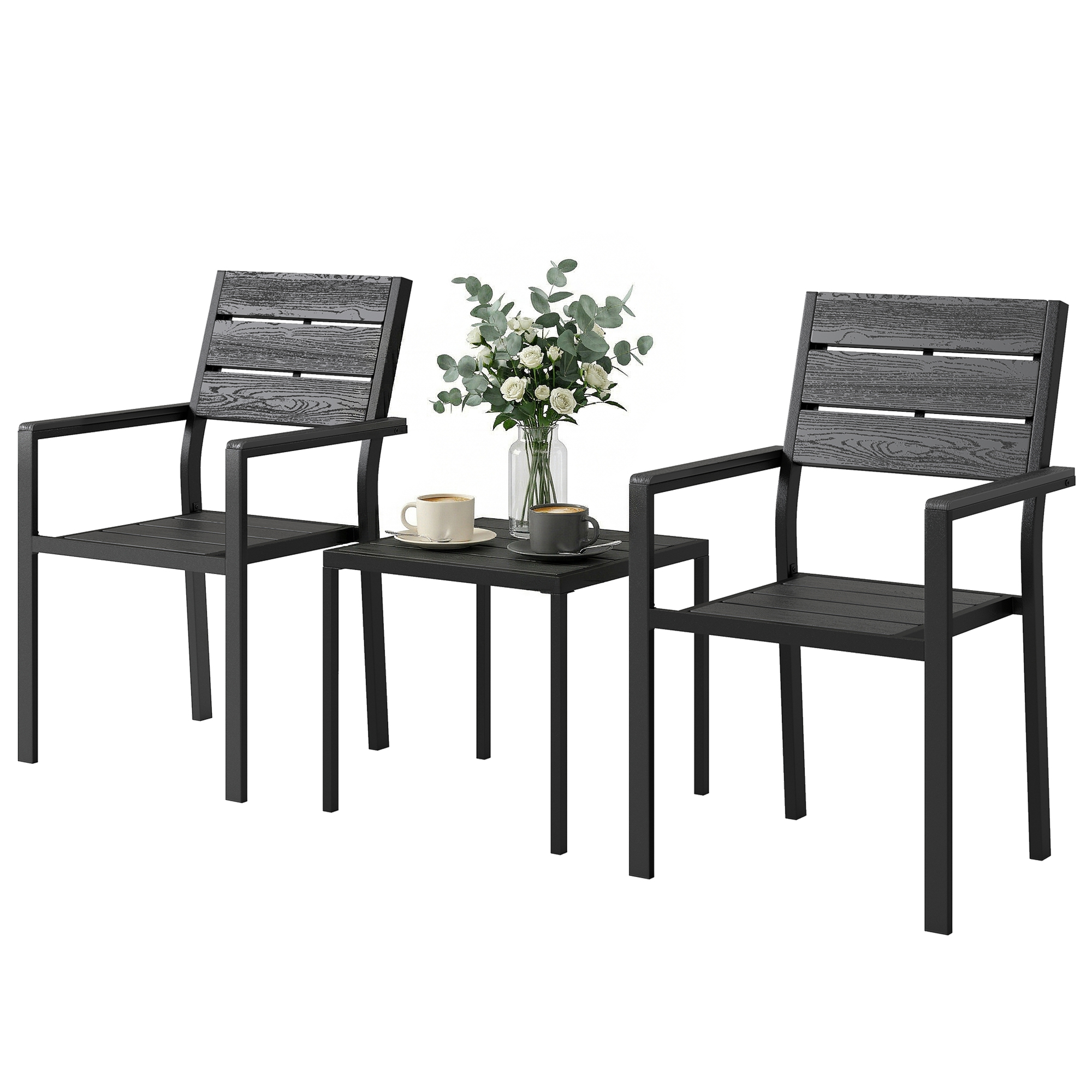 Outsunny Ensemble bistro de jardin 3 pièces Table bistro avec 2 chaises Design à lames Aspect bois Plateau en HDPE Résistant à la rouille Outsunny Ensemble bistro de jardin 3 pièces Table bistro avec 2 chaises Design à lames Aspect bois Plateau en HDPE Résistant à la rouille