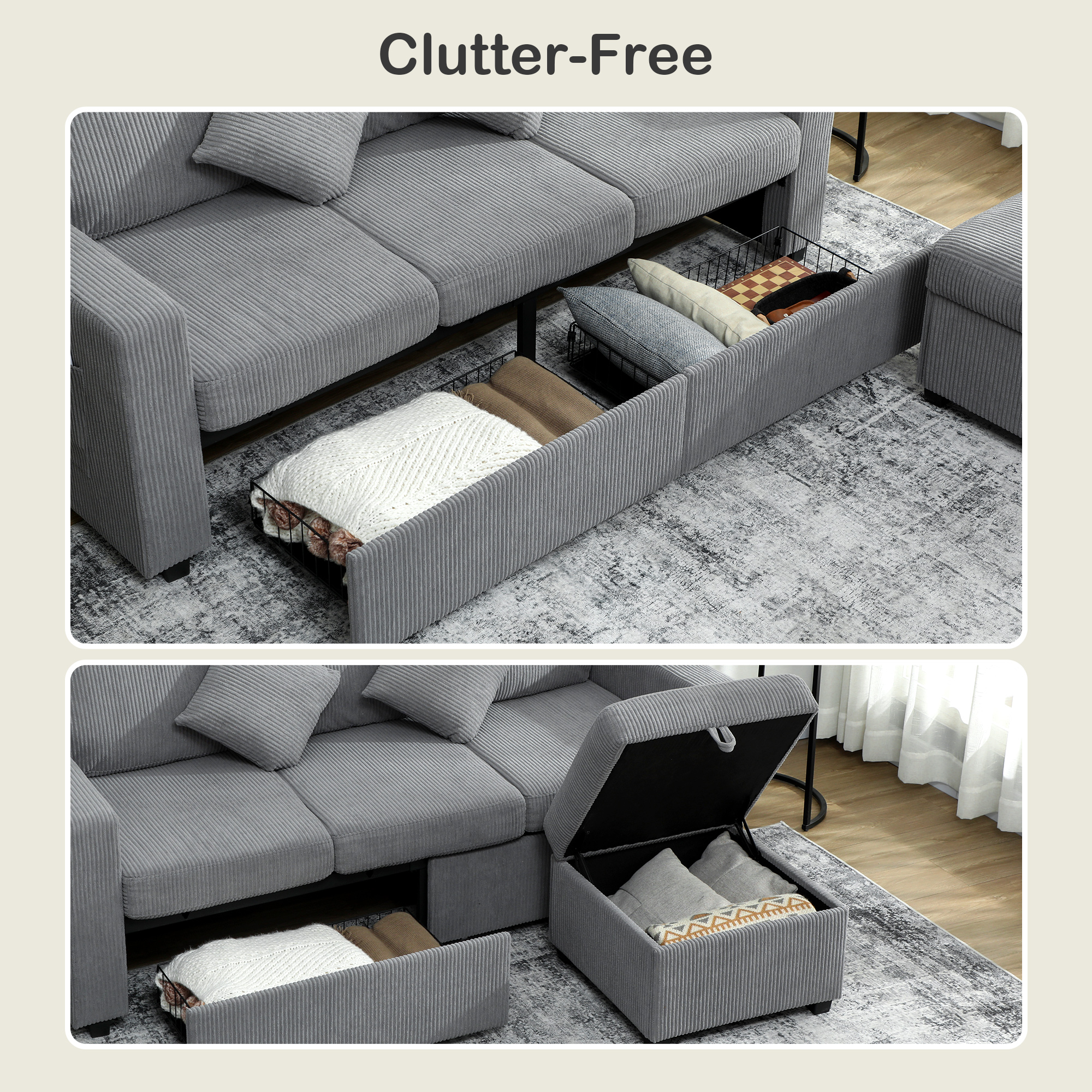  Canapea Modulara cu 3 Locuri si Taburet de Depozitare din Catifea, 196x139x85 cm, Gri Deschis [3]