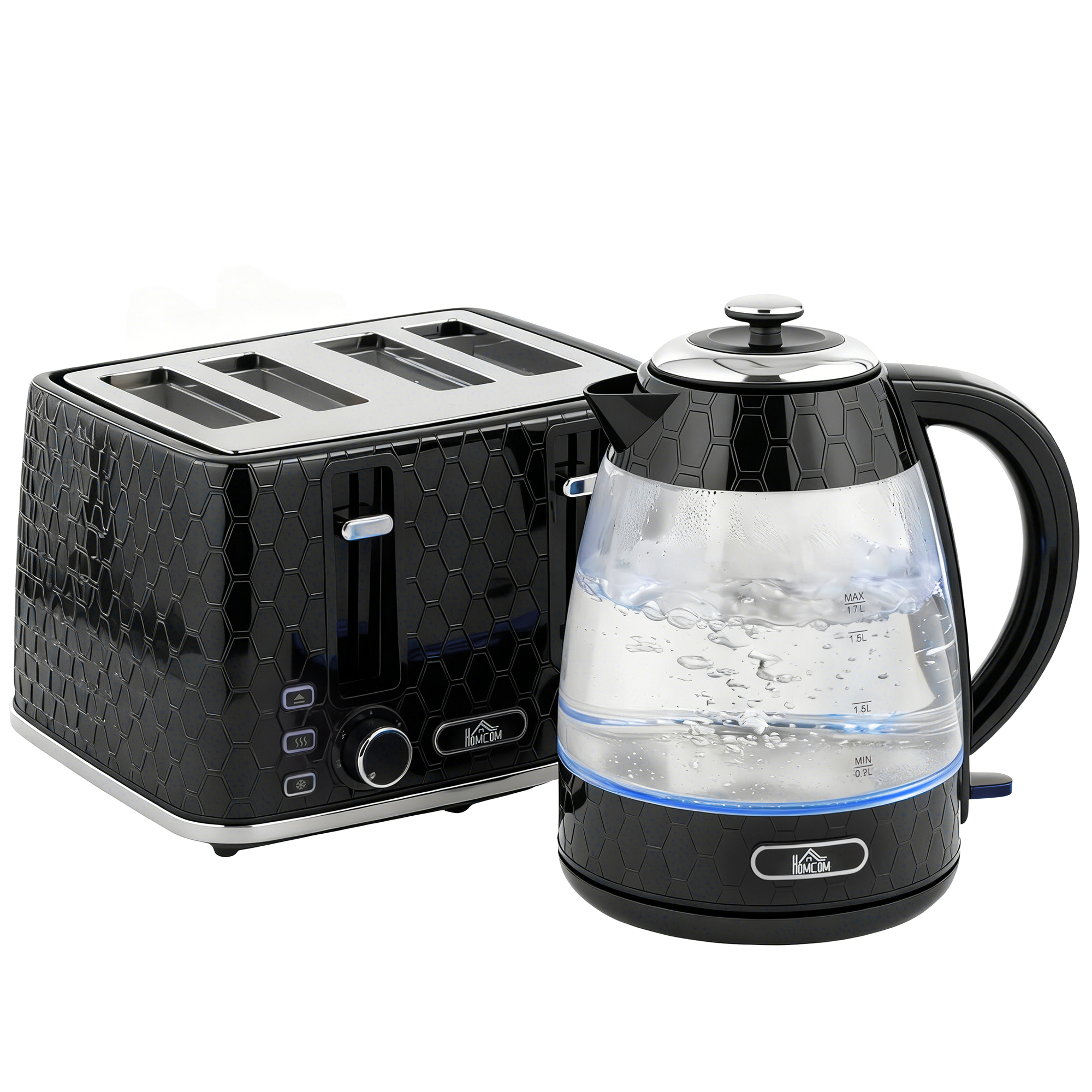HOMCOM Czajnik 1,7 L 2200 W i toster na 4 kromki z filtrem antywapiennym, zestaw, czarny | Aosom PL