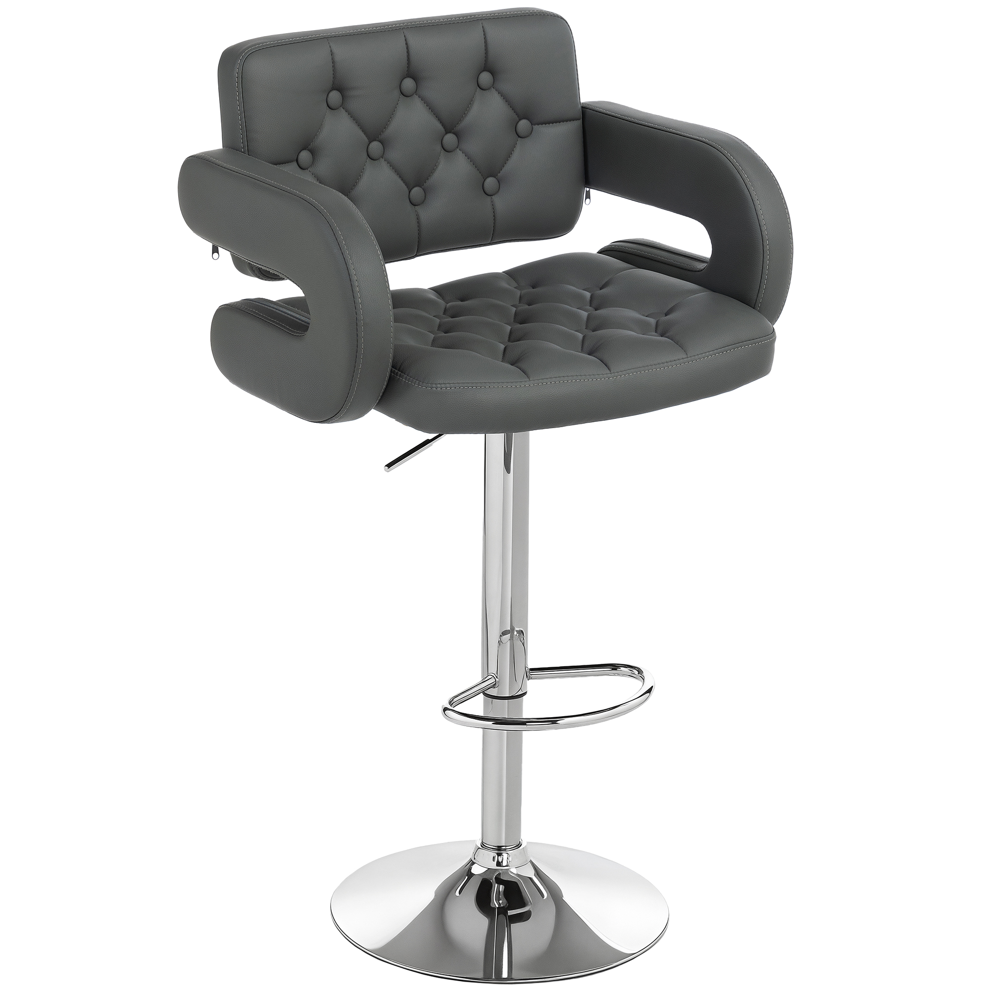 HOMCOM PU Leather Upholstered Swivel Bar Stool, Height Adjustable with Back, Armrest, Footrest, Grey