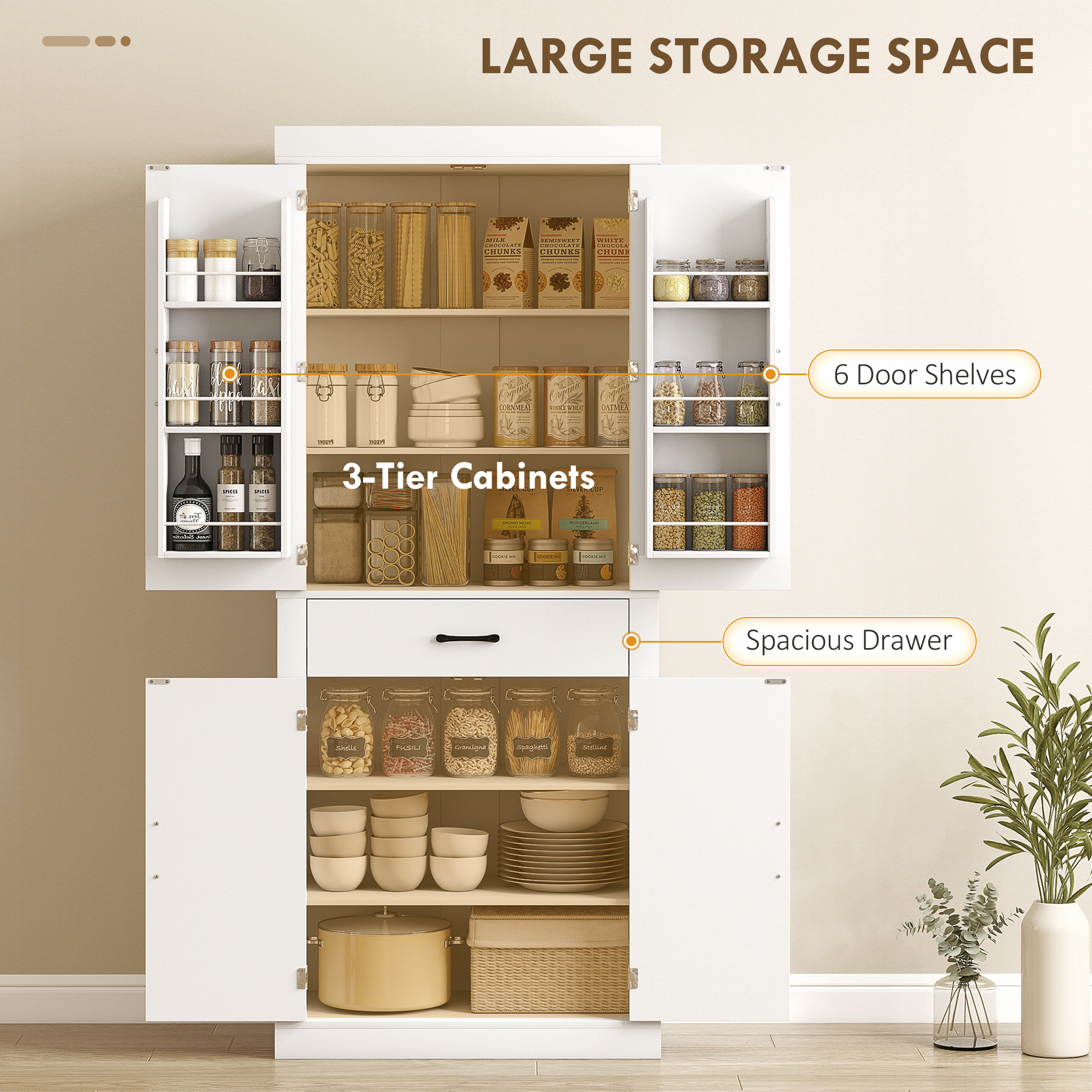  Dulap de Bucatarie Rustic cu 2 Dulapuri, 6 Rafturi si Sertar, din Lemn, 76x39.5x183.5 cm, Alb [4]