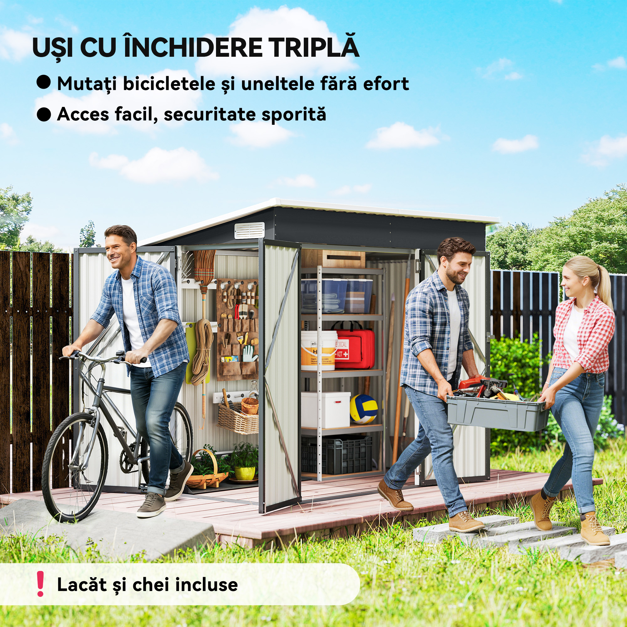  Casuta de Gradina 2.68m² din Otel Galvanizat cu 3 Usi cu incuietoare, Casuta de Depozitare cu Fante de Ventilatie, Acoperis inclinat si Manusi, 234x132x185 cm, Gri inchis [3]