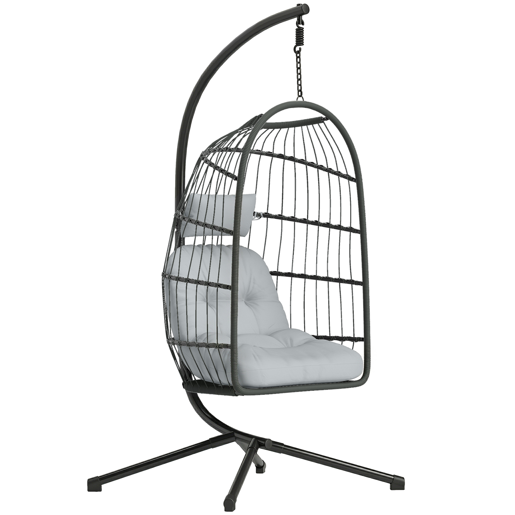 Outsunny Hanging Egg Chair, Indoor Outdoor Hammock Swing Chair with Stand, Safety Strap, Foldable Basket, Dark/Light Grey