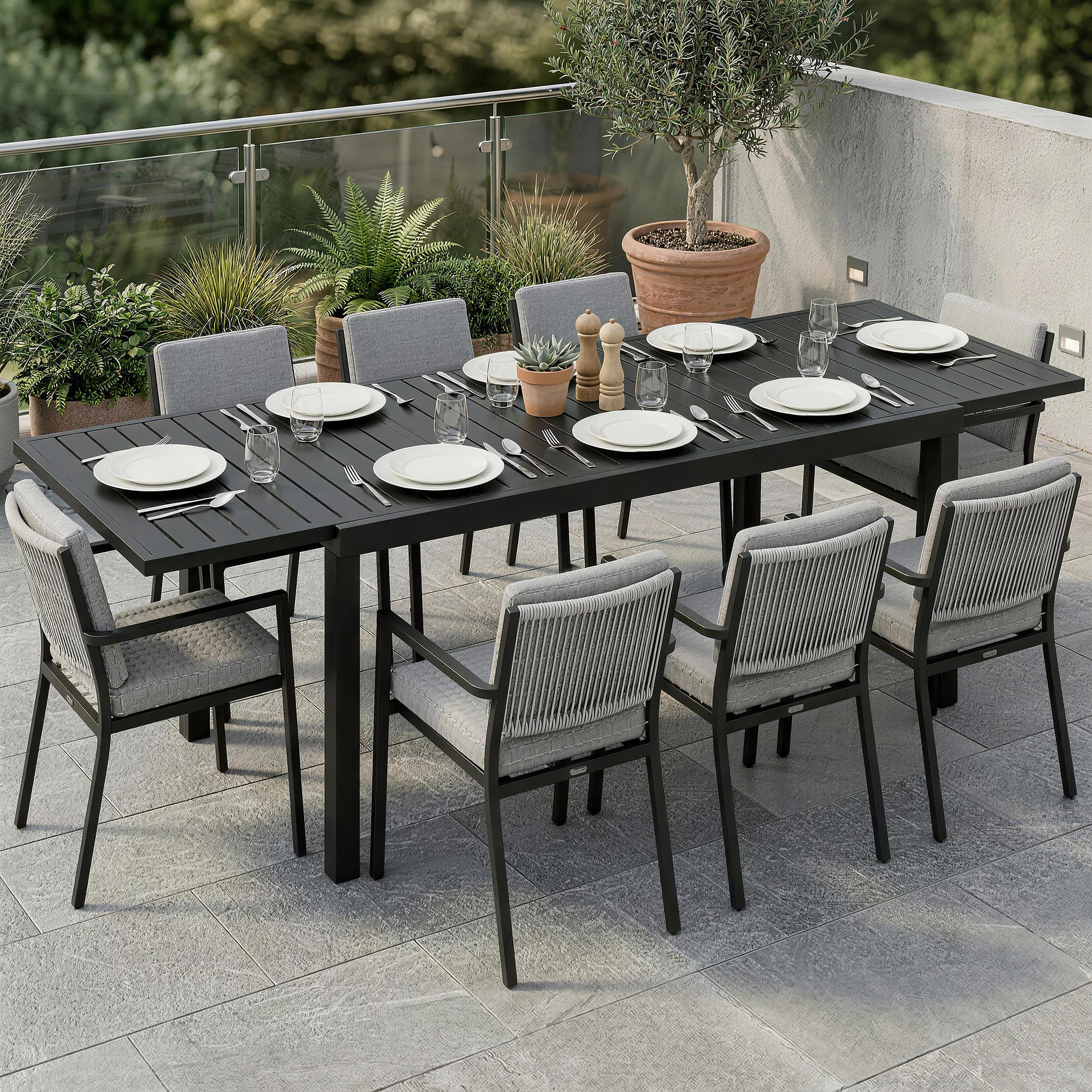  Masa de Gradina Extensibila pentru 6-8 Persoane, Aluminiu cu Blat cu Lamele, Negru [1]