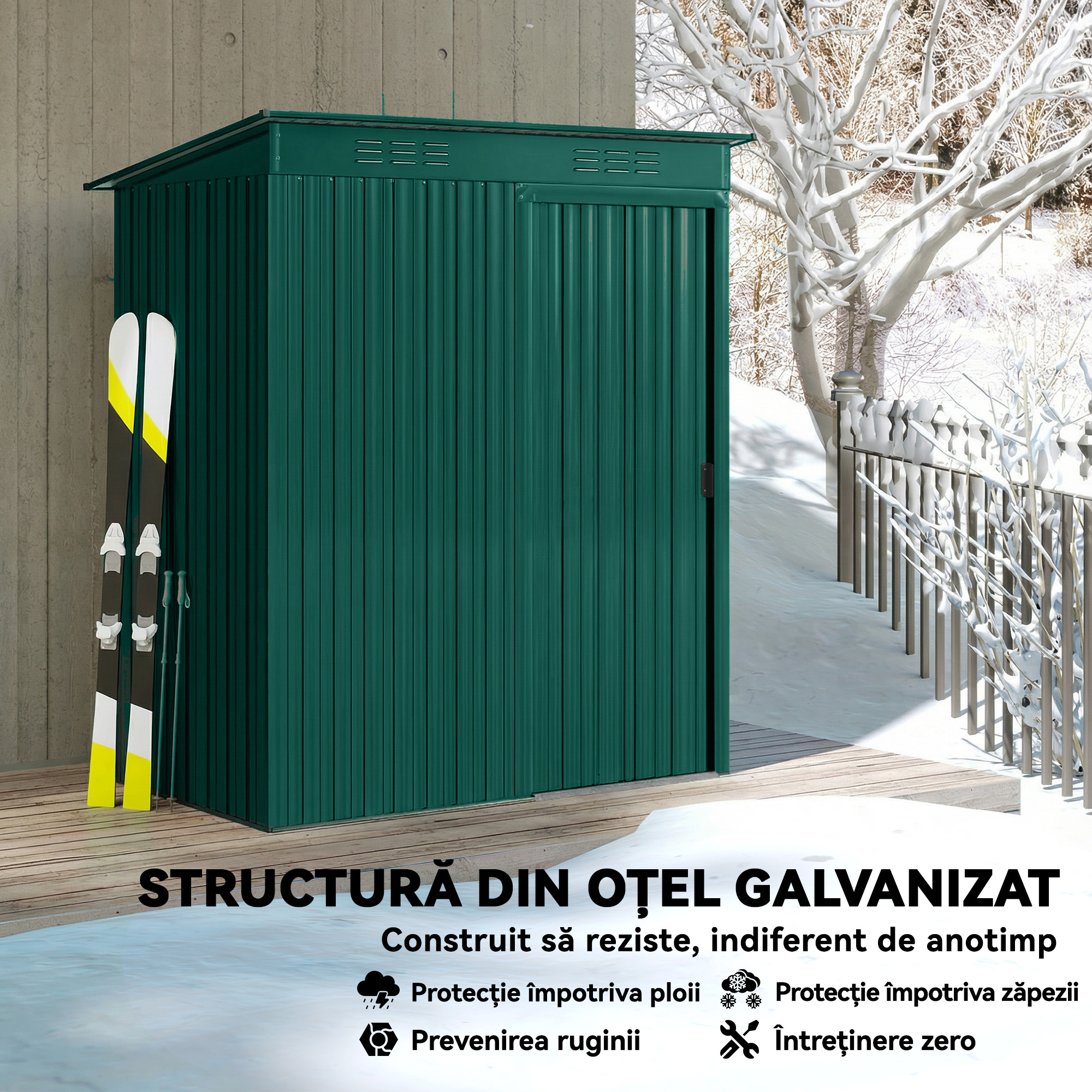  Casuta de Gradina din Metal cu Guri de Aerisire si Usa Glisanta, 159x106x181 cm, Verde [4]