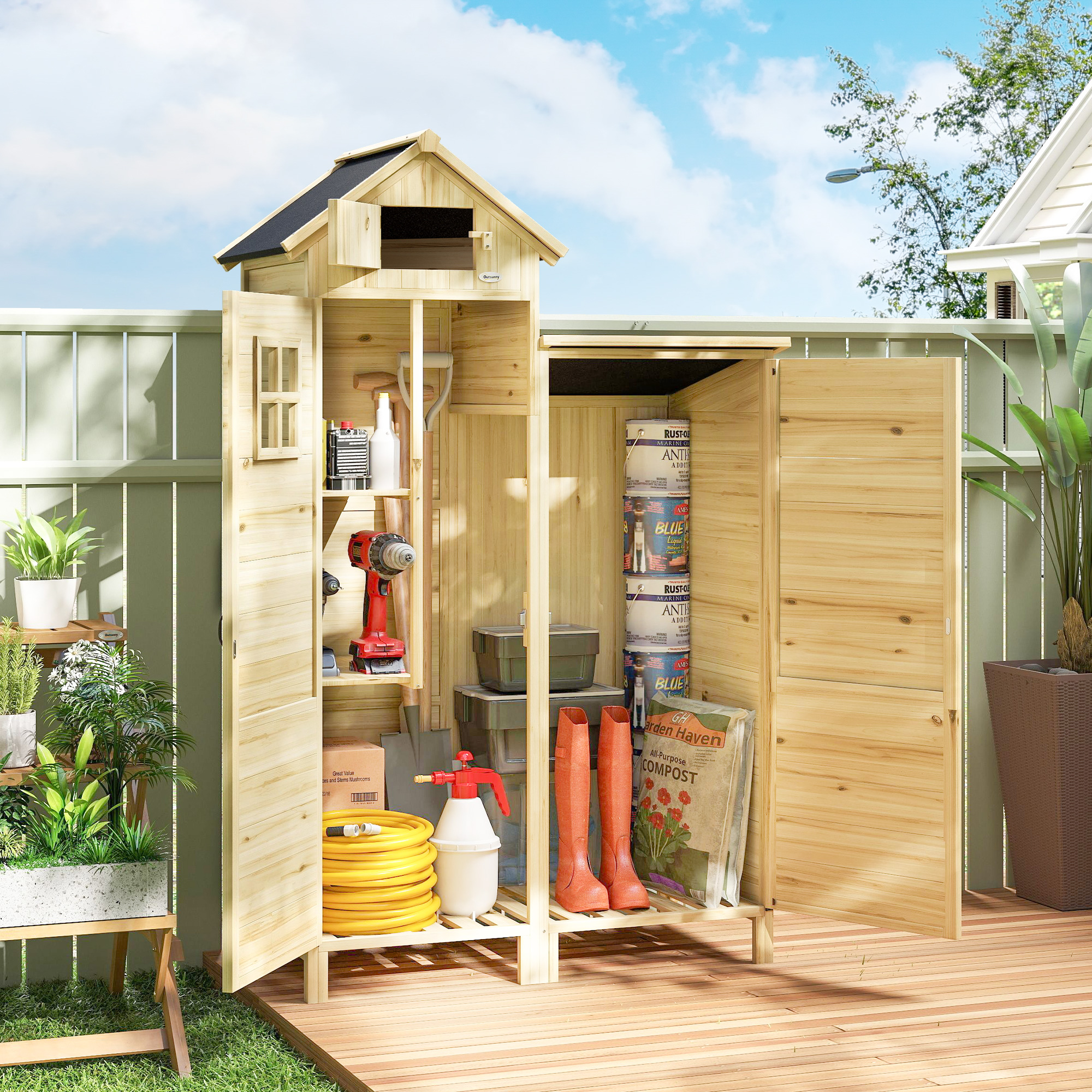  Magazie de Gradina cu 2 Zone, Rafturi Reglabile si Fereastra, din Lemn de Brad, 106x57x167 cm, Culoare Lemn [1]