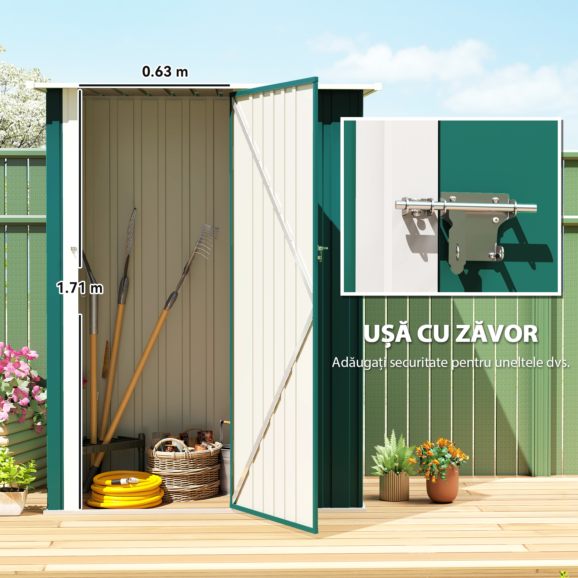  Magazie pentru unelte din metal cu acoperis inclinat si usa blocabila, 142x86x189 cm, verde [4]