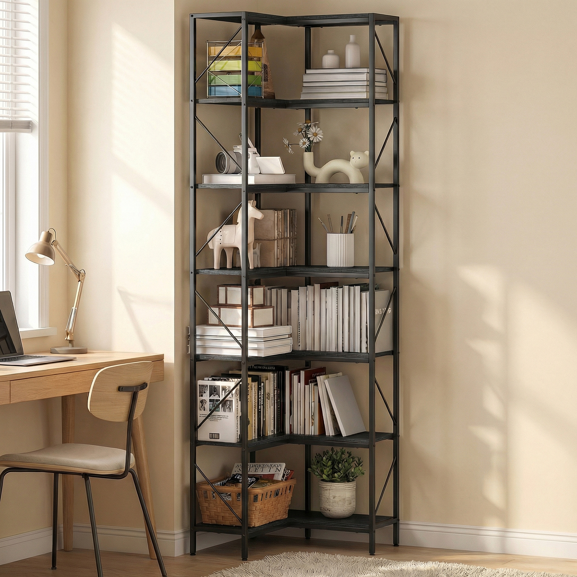  Biblioteca Coltar cu 7 Rafturi, Stil Industrial, Efect Lemn Negru [8]