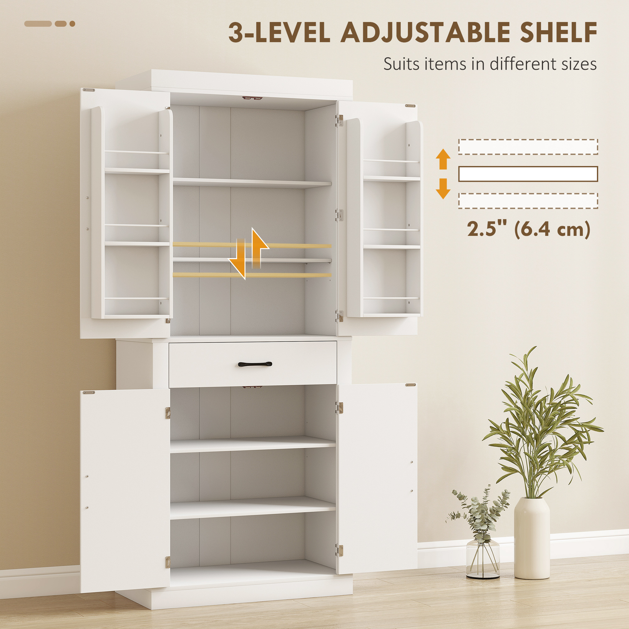  Dulap de Bucatarie Rustic cu 2 Dulapuri, 6 Rafturi si Sertar, din Lemn, 76x39.5x183.5 cm, Alb [5]