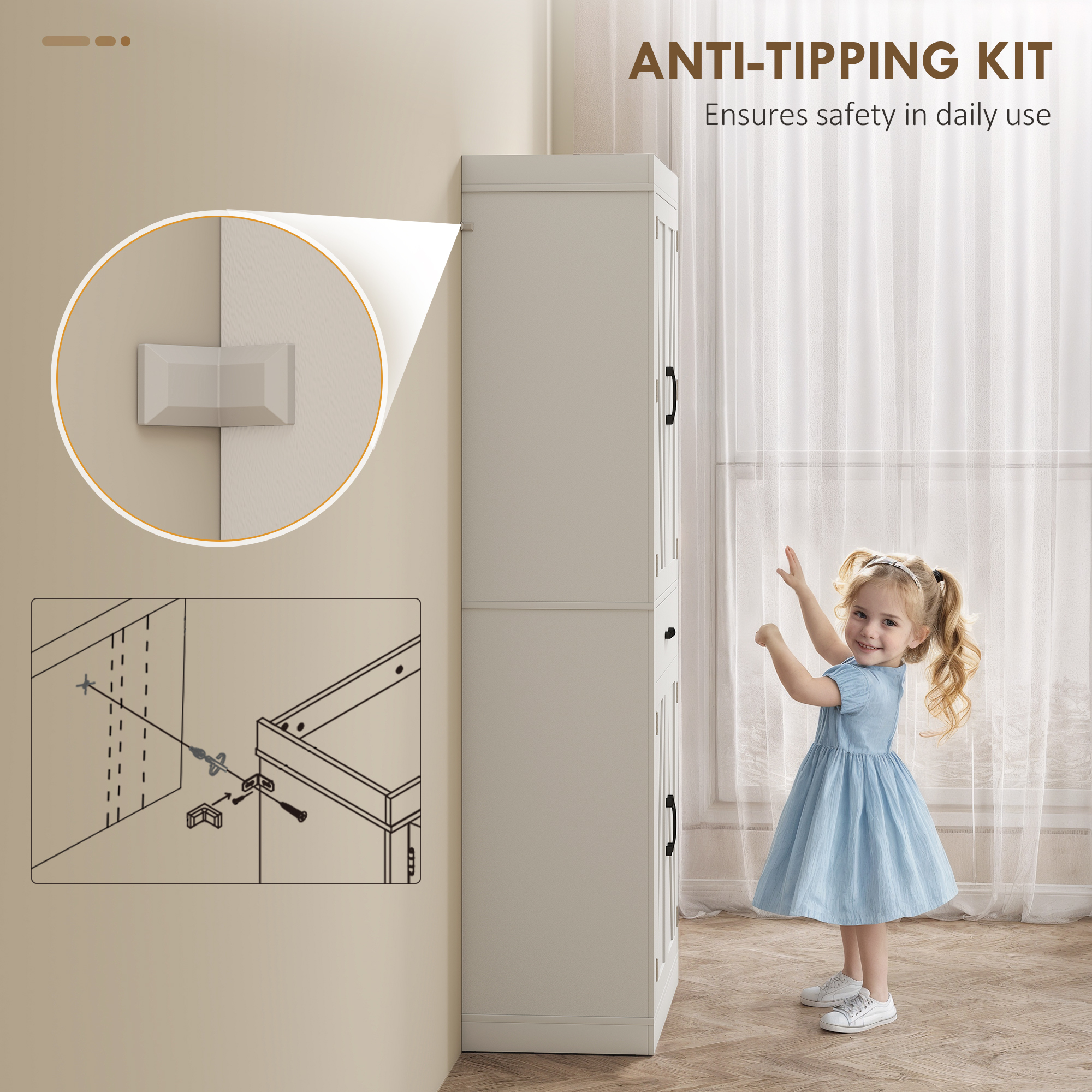  Dulap de Bucatarie Rustic cu 2 Dulapuri, 6 Rafturi si Sertar, din Lemn, 76x39.5x183.5 cm, Alb [6]