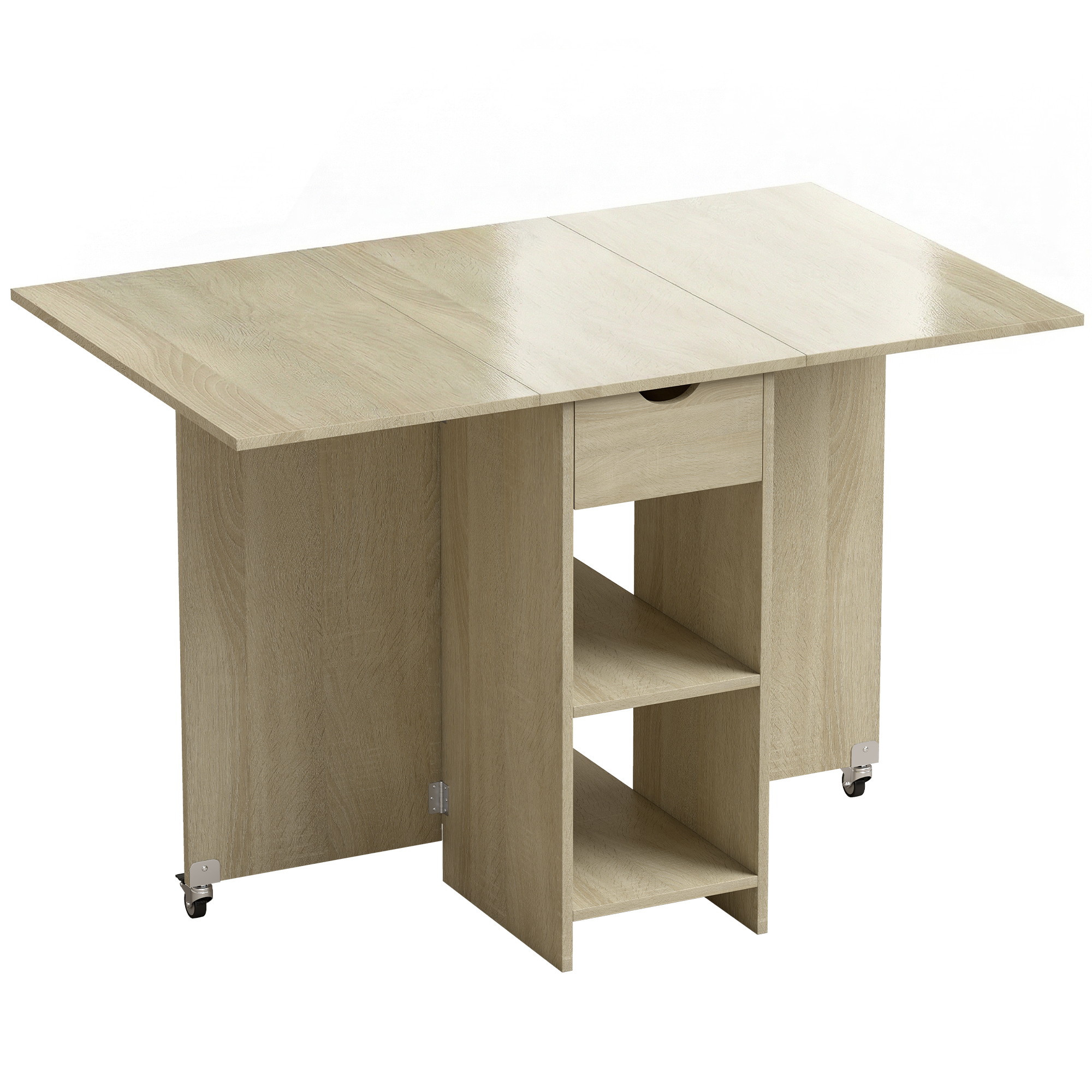 HOMCOM Opvouwbare eettafel voor 2-4 personen, verrijdbare tafel met open vak en lade, ideaal voor kleine ruimtes, natuur