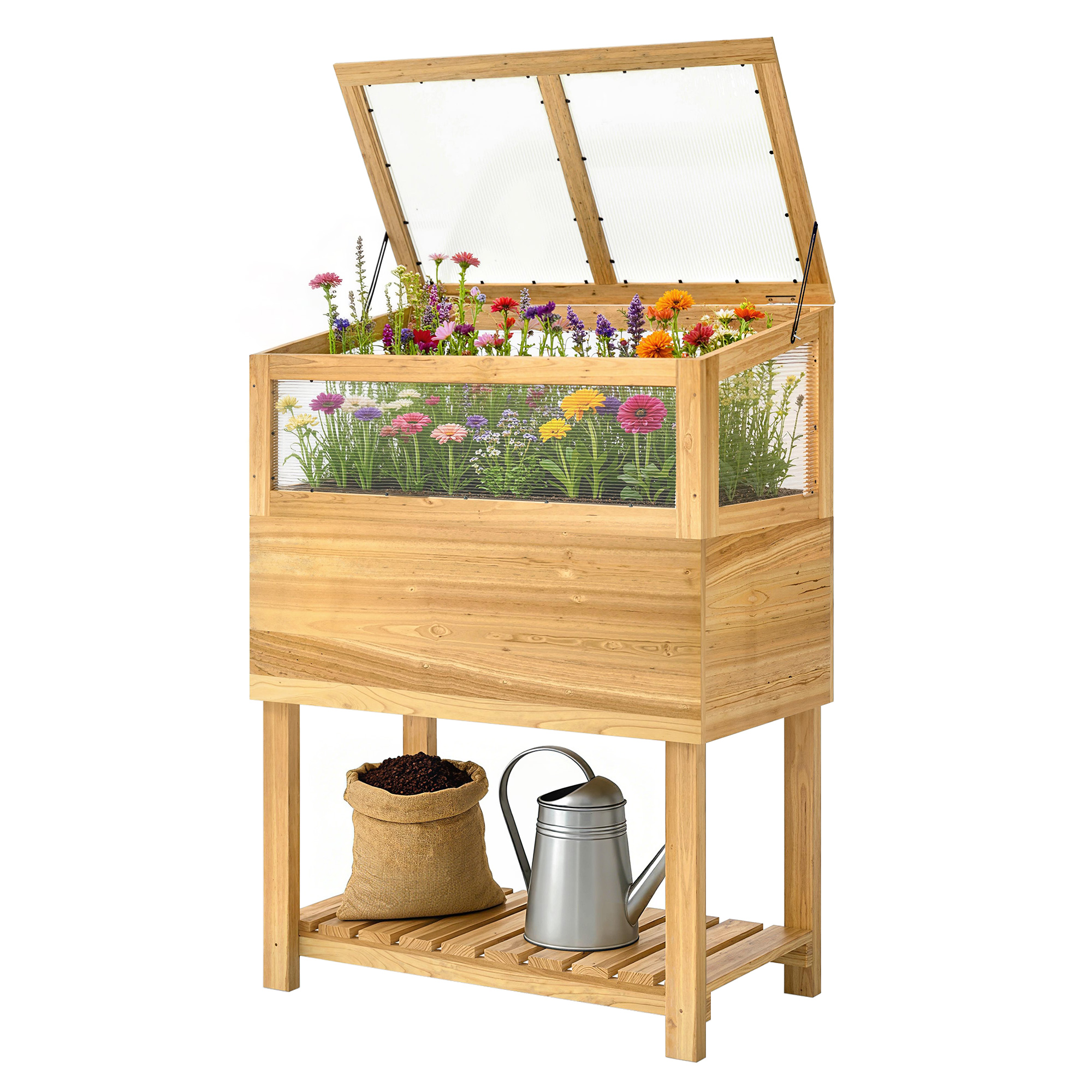 Outsunny Carré Potager sur Pieds avec Serre en Bois avec Couvercle Relevable, Étagère de Rangement, 80x45x108,5cm, Naturel