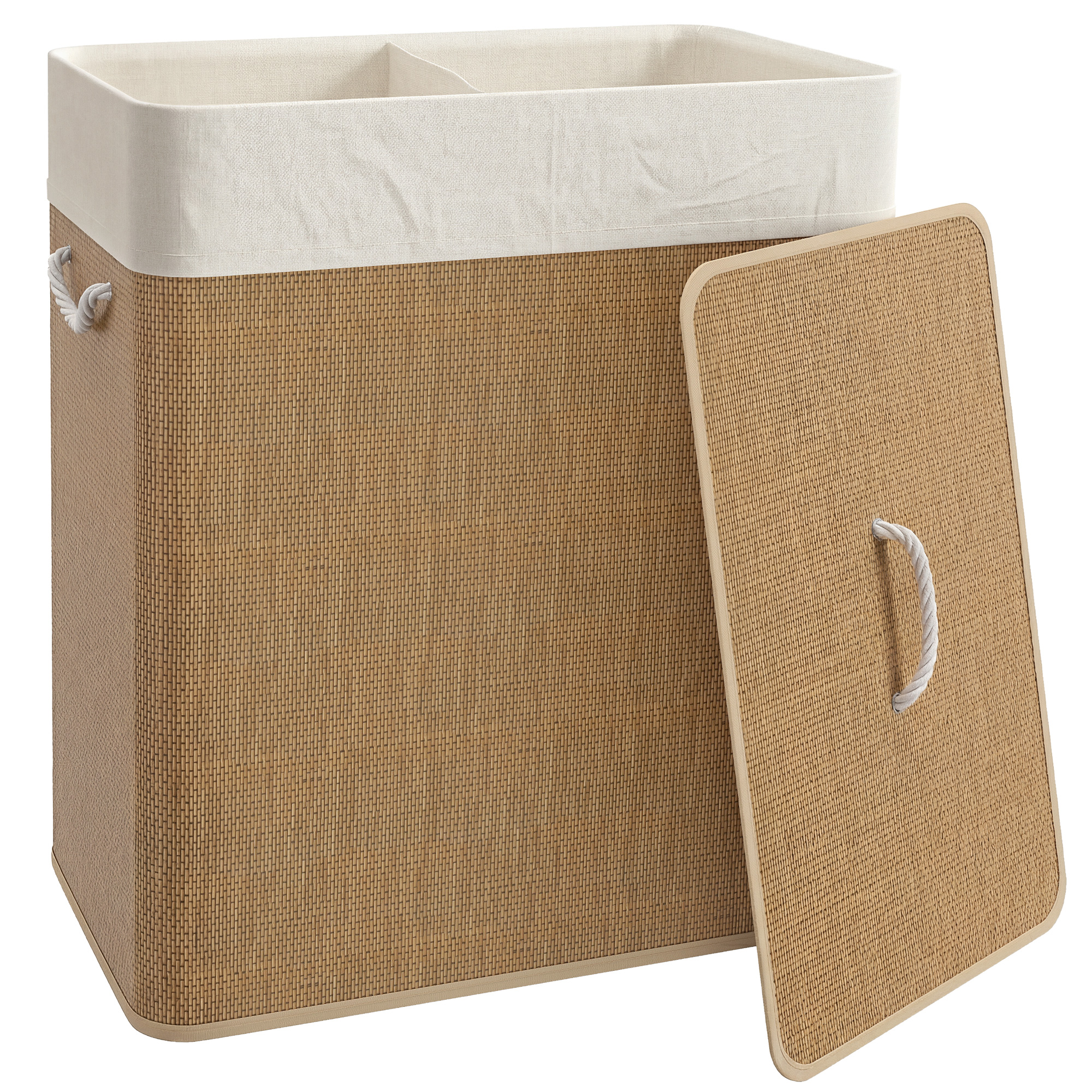 HOMCOM Double Laundry Basket with Lid, 100L Bamboo Laundry Hamper with Rope Handles, Washing Basket with Removable Liner for Bathroom, Bedroom, Brown