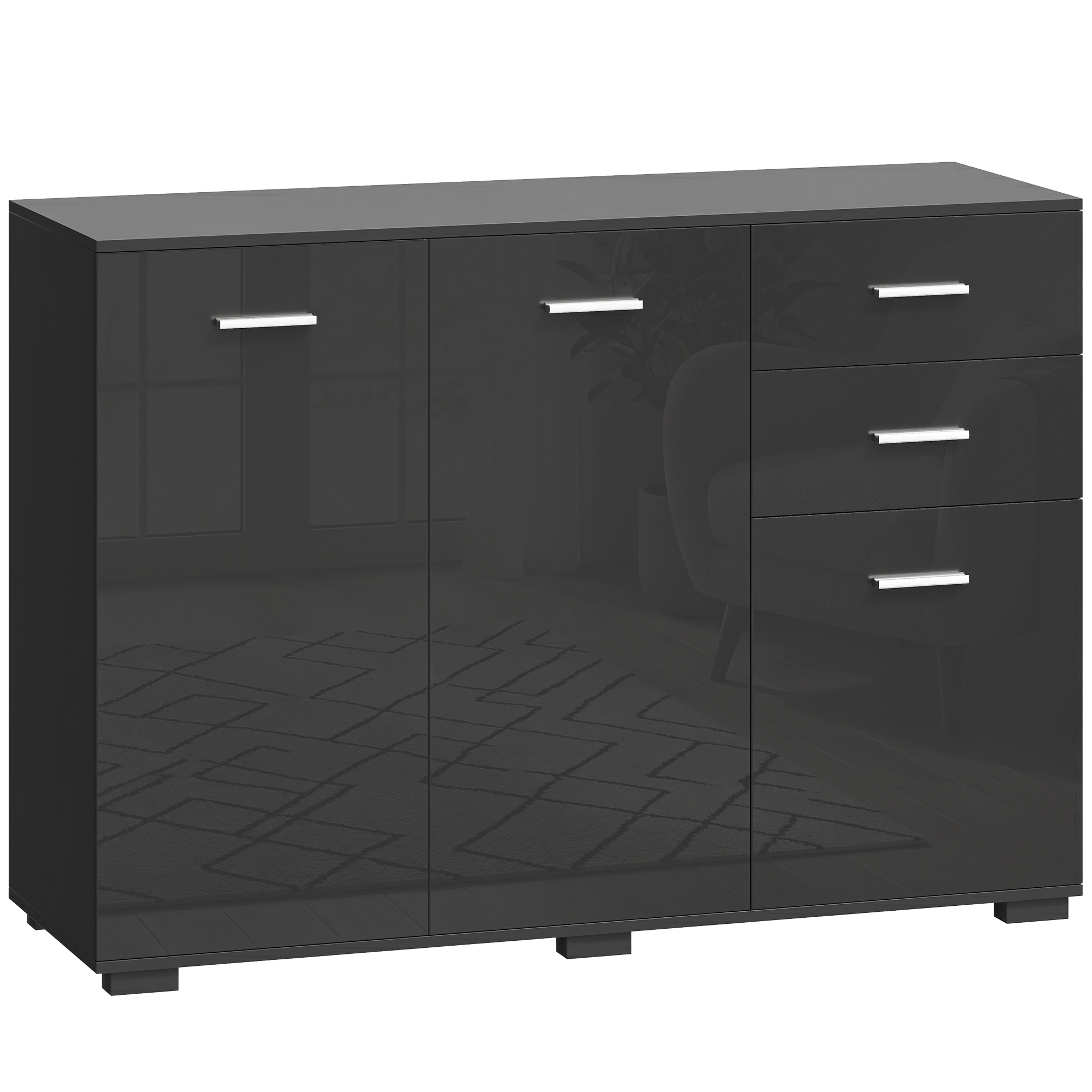 HOMCOM Sideboard, Modern Storage Cabinet with 2 Drawers, 3 Doors and Adjustable Shelves, High Gloss Black