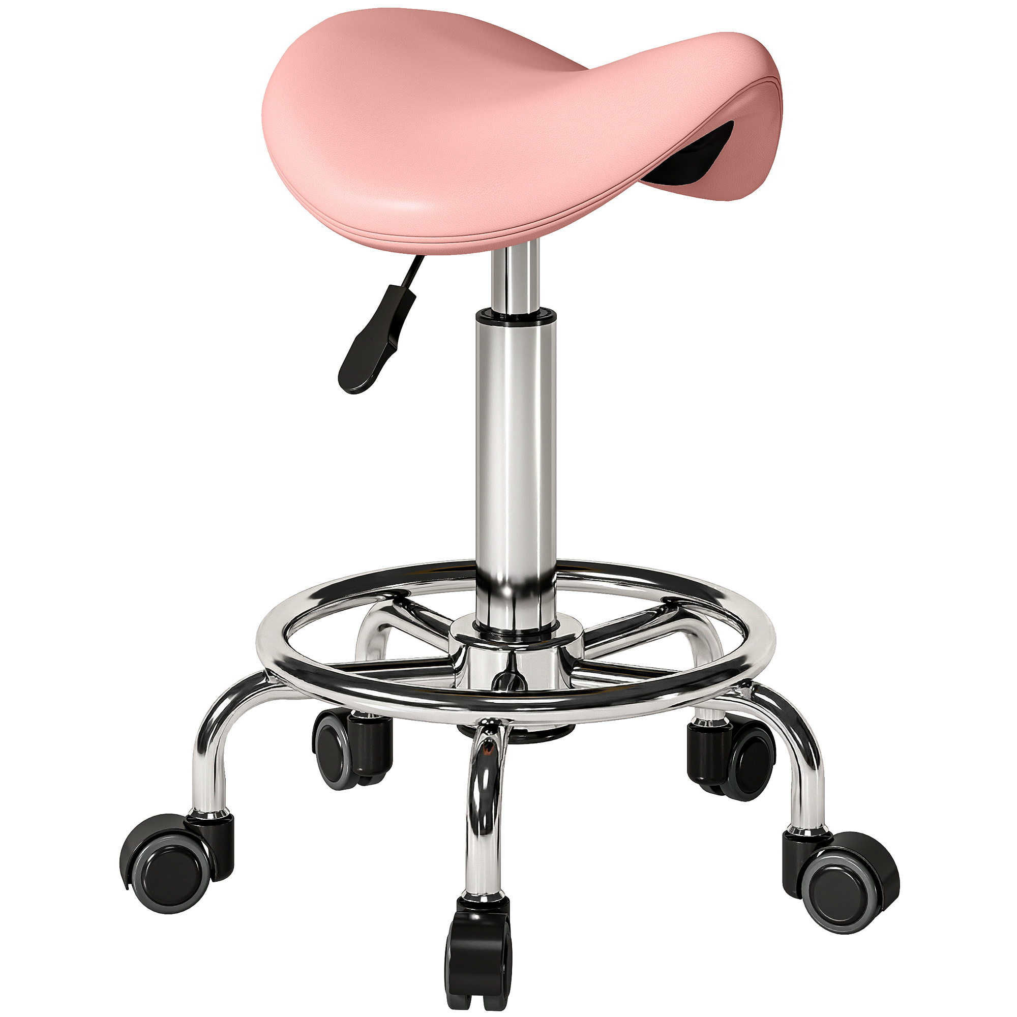 HOMCOM Salon Saddle Stool, Rolling Saddle Chair for Massage, Spa, Clinic, Beauty, Hairdressing and Tattoo, Pink
