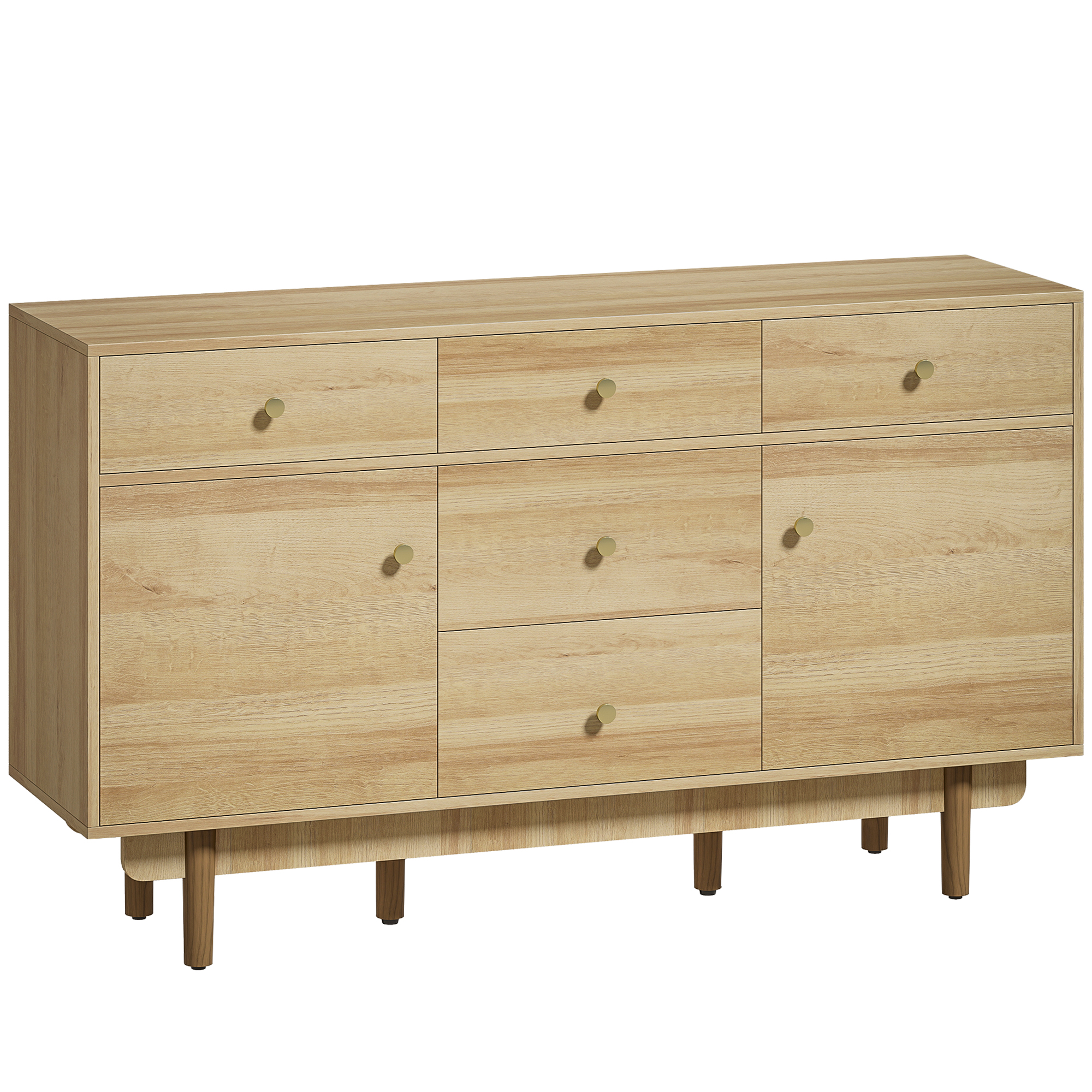HOMCOM Sideboard with 5 Drawers and 2 Cabinets Buffet Cabinet with Solid Wood Legs 136 cm Walnut