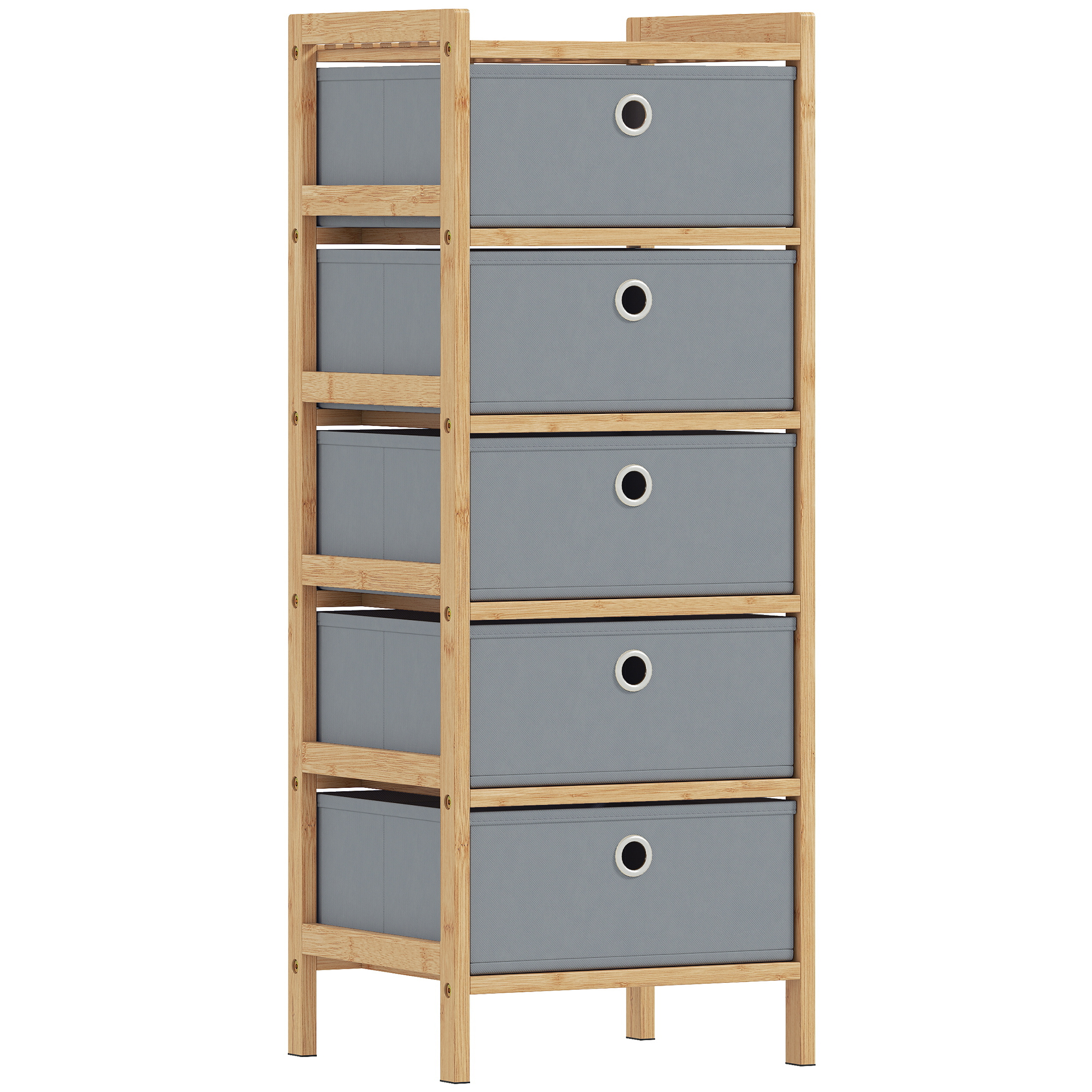 HOMCOM Chest of Drawers, 5 Fabric Drawers Narrow Dresser with Bamboo Frame, Light Grey