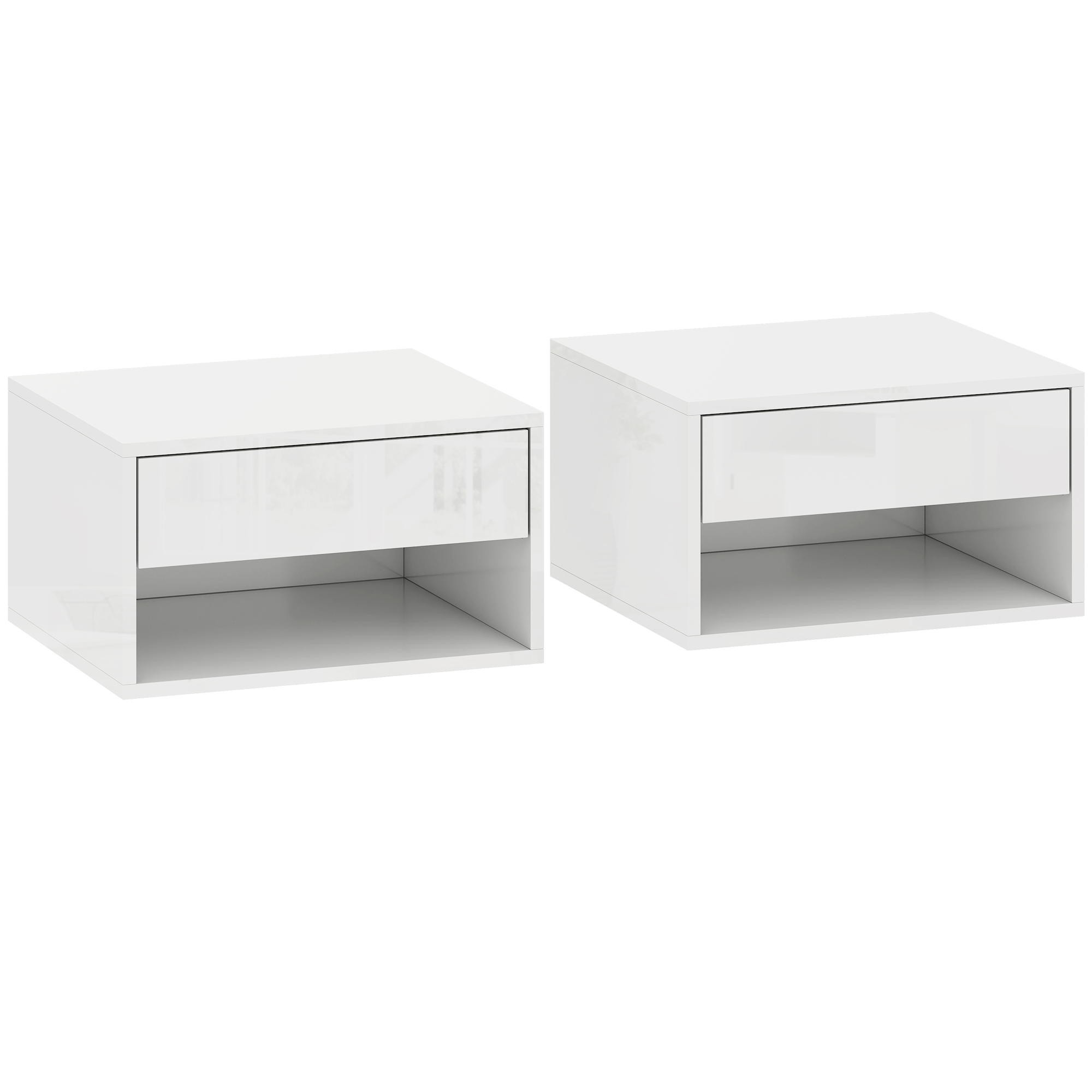 HOMCOM Set of Two Floating Bedside Tables, Wall Mounted Nightstand with Drawer and Open Shelf, High Gloss White