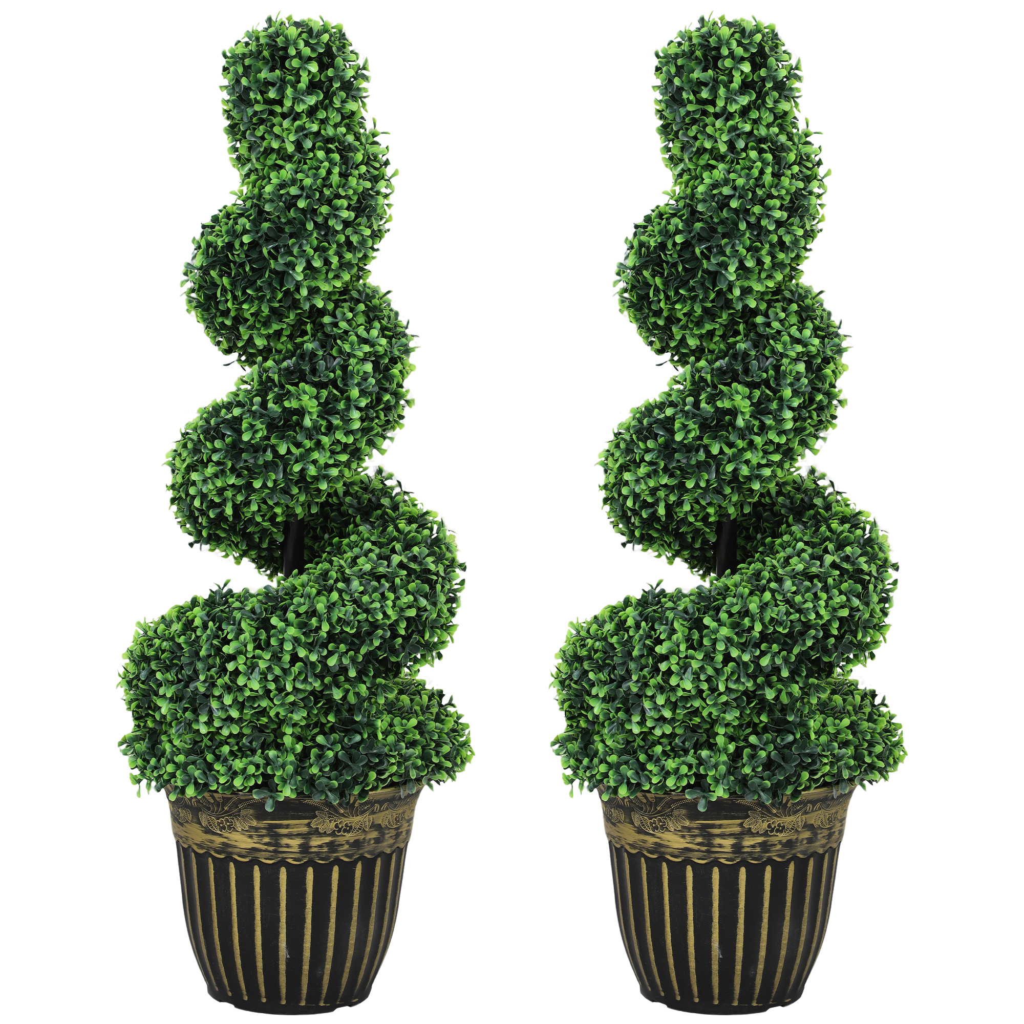 HOMCOM Set of 2 Artificial Plants, Topiary Spiral Boxwood Trees with Pot, for Home Indoor Outdoor Decor, 90cm   Aosom UK