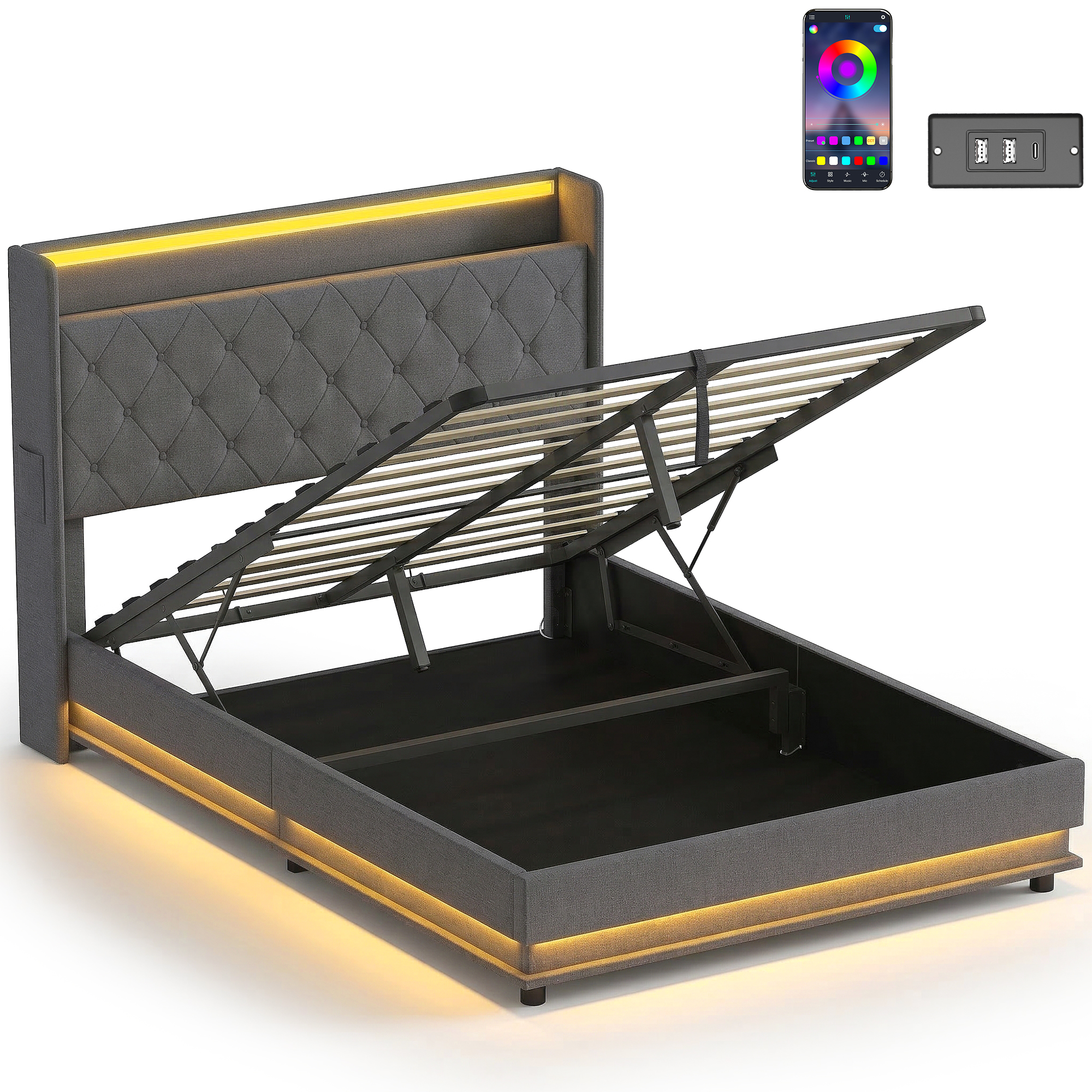 HOMCOM 4ft6 Double Bed Frame with Headboard, Platform Bed Frame with Hydraulic Storage, LED Lights and Charging Station, Grey