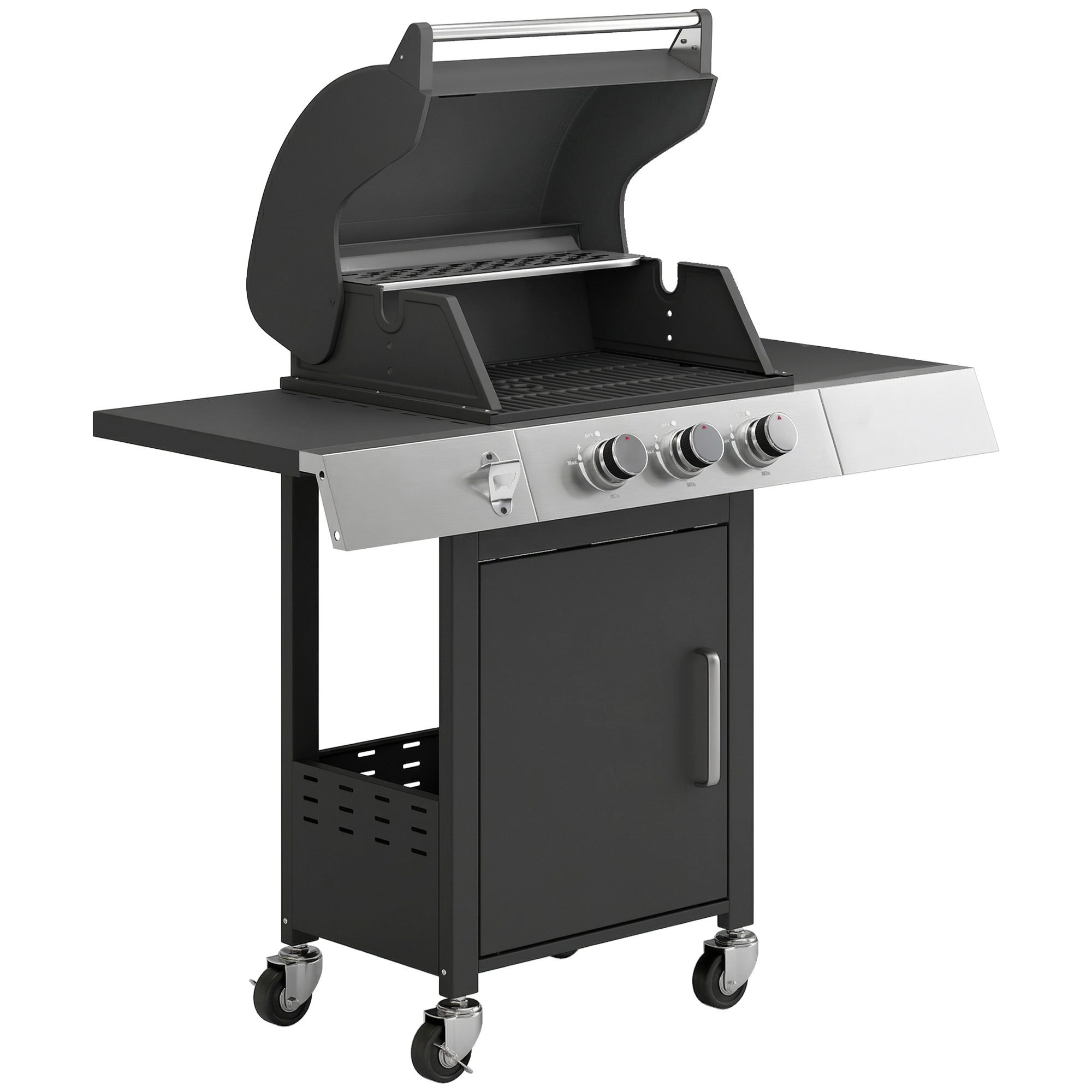 Outsunny Barbacoa de Gas con 3 Quemadores 8,1 kW Termómetro Parrillas Mesas Laterales Armario y Ruedas 109x50x109 cm Negro