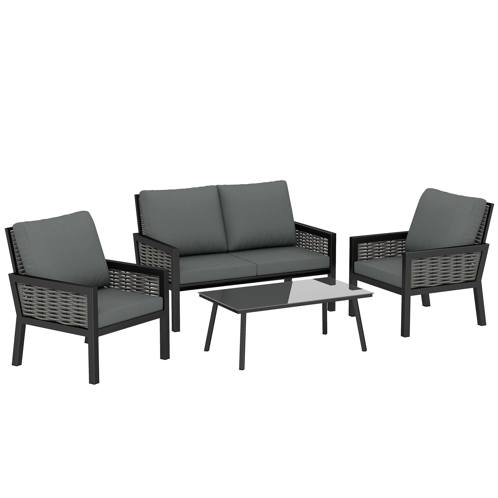 Outsunny 4 Seater Rattan Garden Furniture Set with 2 Armchairs, Loveseat, Coffee Table, Garden Sofa Set with Cushions, Dark Grey