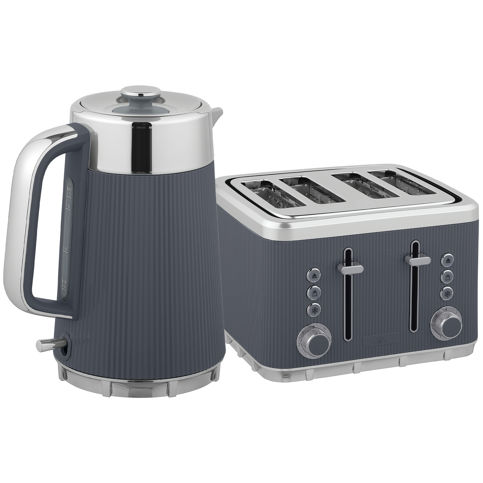 HOMCOM Electric Kettle and Toaster Set, 3000W 1.7L UK Strix Thermostat Rapid Boil Jug Kettle with Limescale Filter, Cool Touch Body, 4 Slice Toaster with 7 Browning Controls, Crumb Tray, Grey