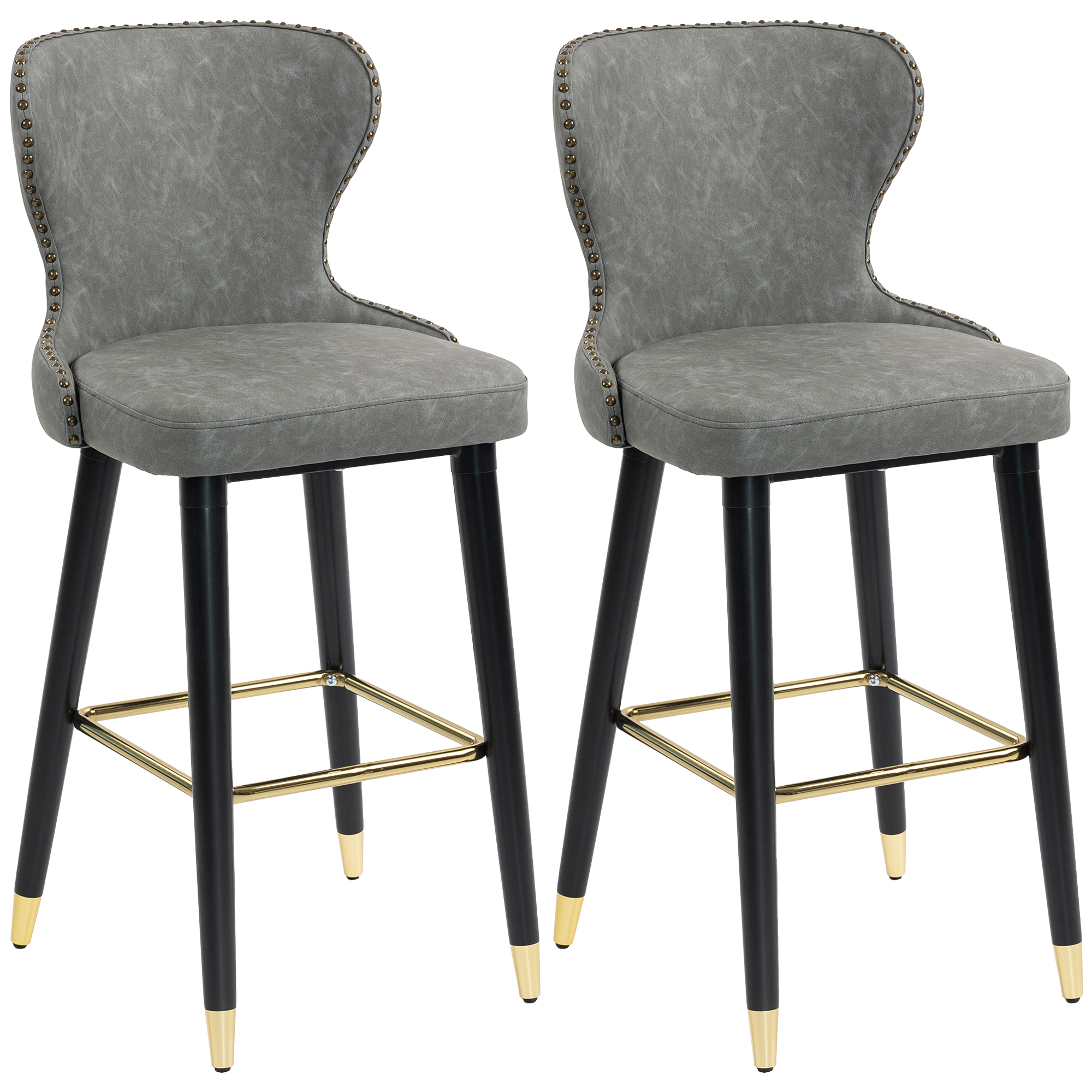 HOMCOM Bar Stools Set of 2, PU Leather Barstools with Back, Footrest and Wood Legs for Kitchen, Counter, Breakfast Bar, Grey