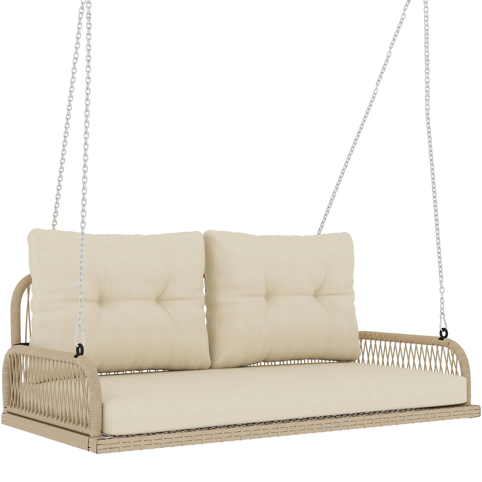 Outsunny Hollywoodschaukel 2-Sitzer Rattan Gartenschaukel mit Kissen Ketten Hängebank bis 240 kg belastbar Hängeschaukel Schaukelbank Gartenbank für Garten Balkon 115 x 66 x 44 cm Beige Aosom