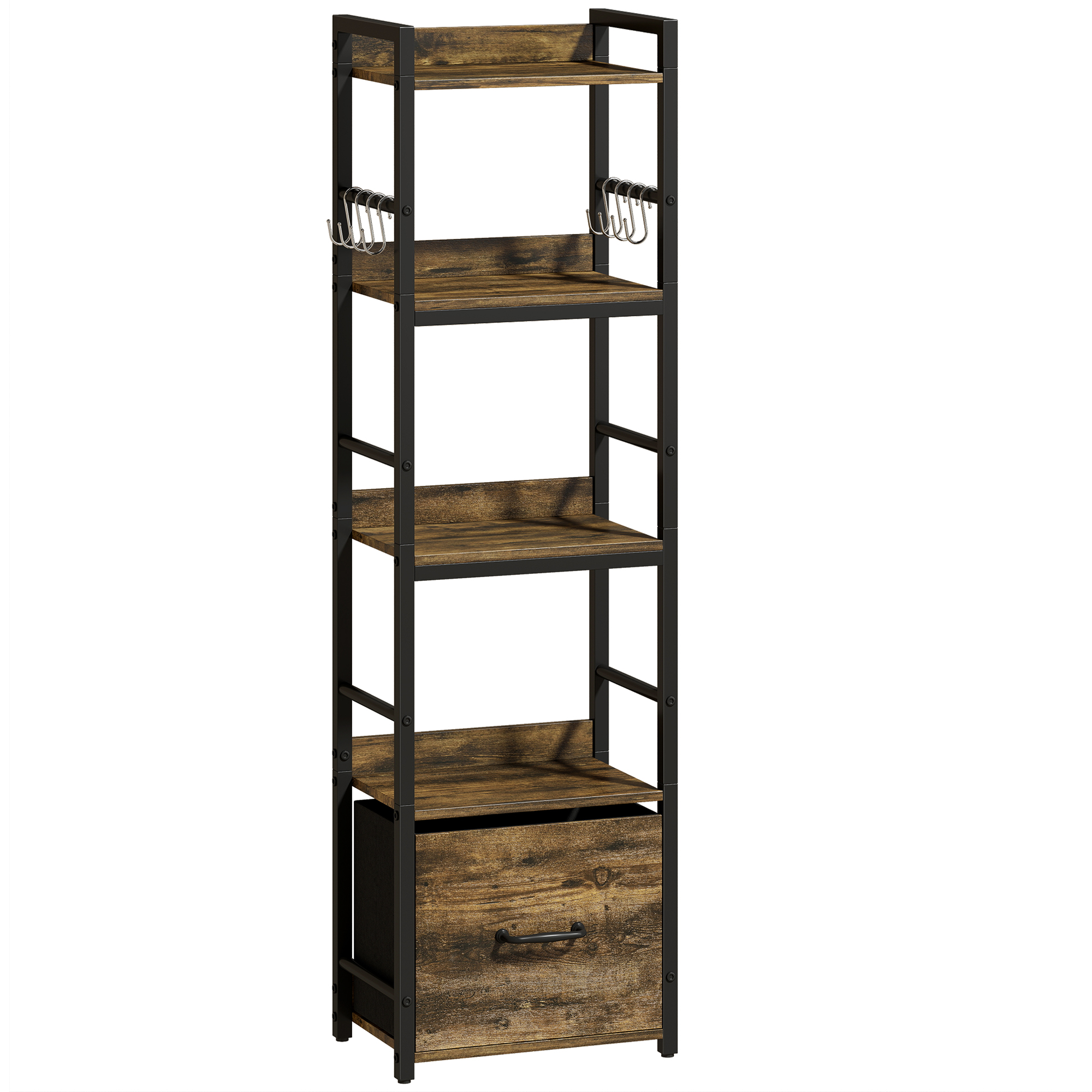 HOMCOM 4-Tier Bookshelf, Narrow Bookcase with Drawer, 8 Hooks, Metal Frame, Rustic Brown