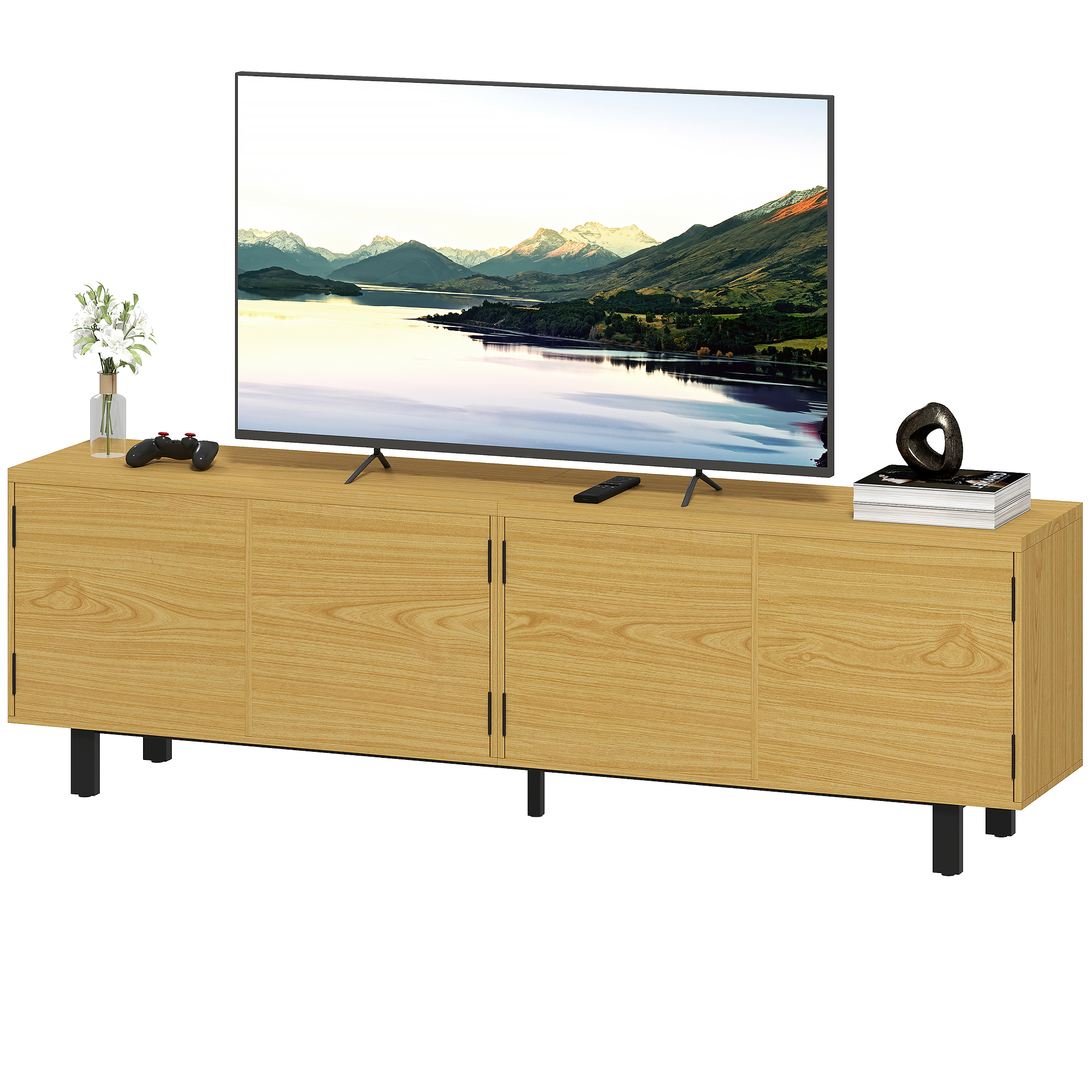 HOMCOM Meuble TV 180 cm, meuble télé pour 82 pouces avec 4 portes à ouverture par pression 180x35x55,5cm bois naturel