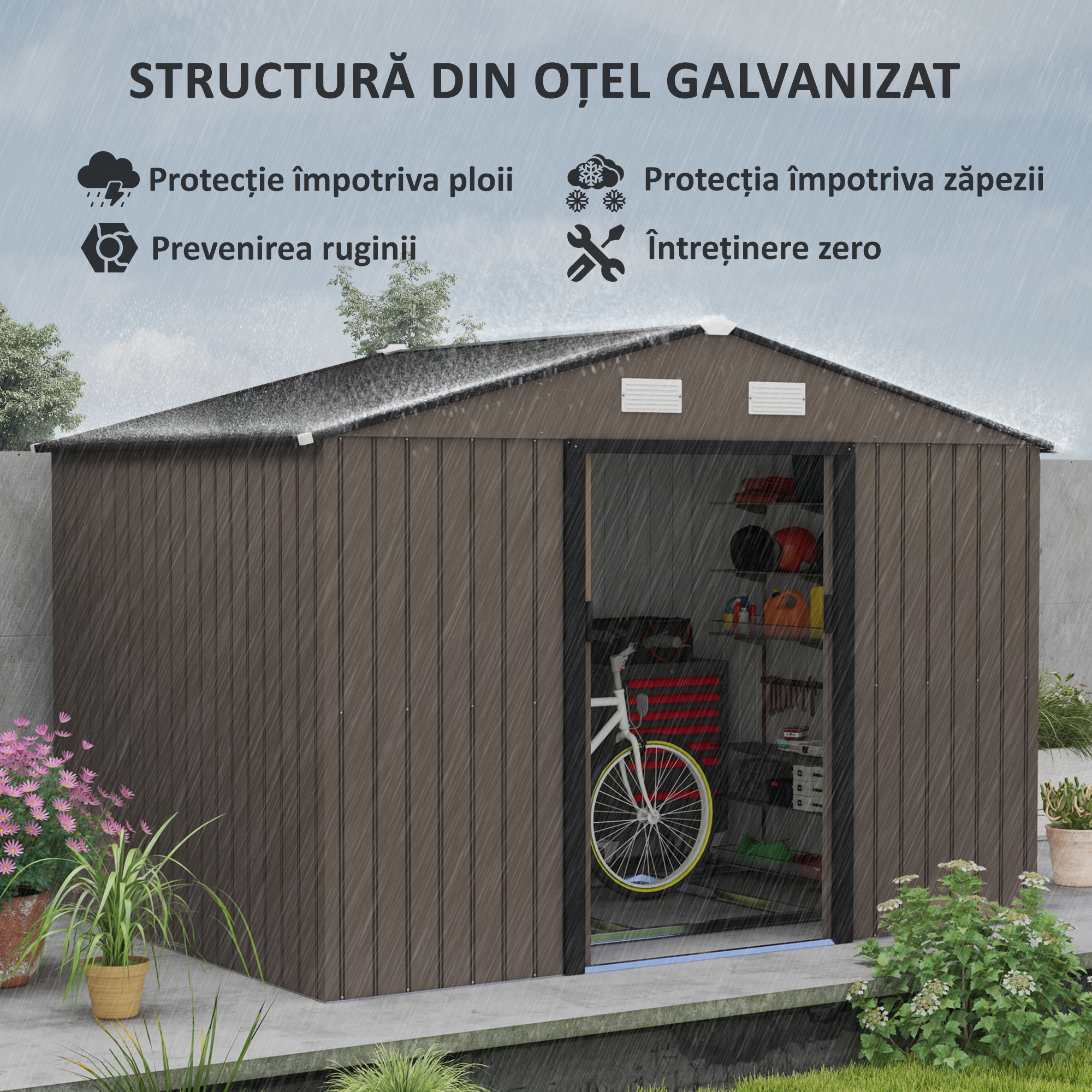  Casetta da Giardino con 4 Prese d'Aria e 2 Porte Scorrevoli in Acciaio, 277x195x192 cm, Marrone [3]