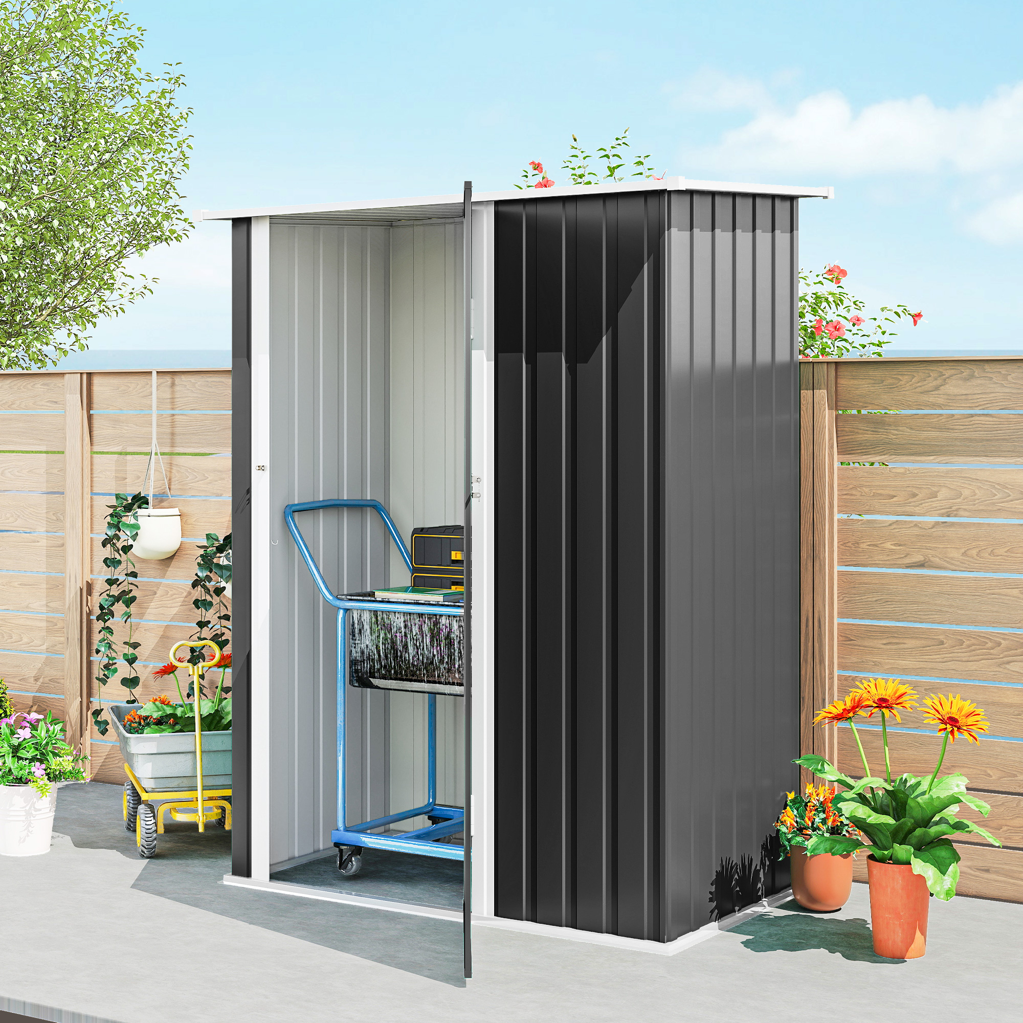  Magazie pentru Unelte din Metal cu Acoperis inclinat si Usa Blocabila, 142x86x189 cm, Gri inchis [8]