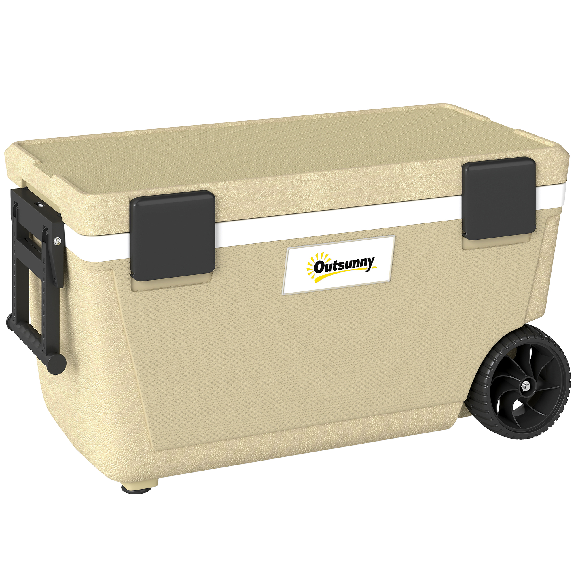 Outsunny 70L Insulated Cool Box with Wheels, Portable Ice Cooler with Handle, Lid and Drain Valve, Khaki