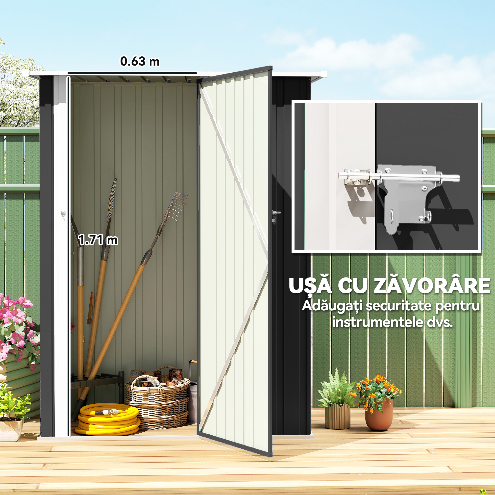  Magazie pentru Unelte din Metal cu Acoperis inclinat si Usa Blocabila, 142x86x189 cm, Gri inchis [4]