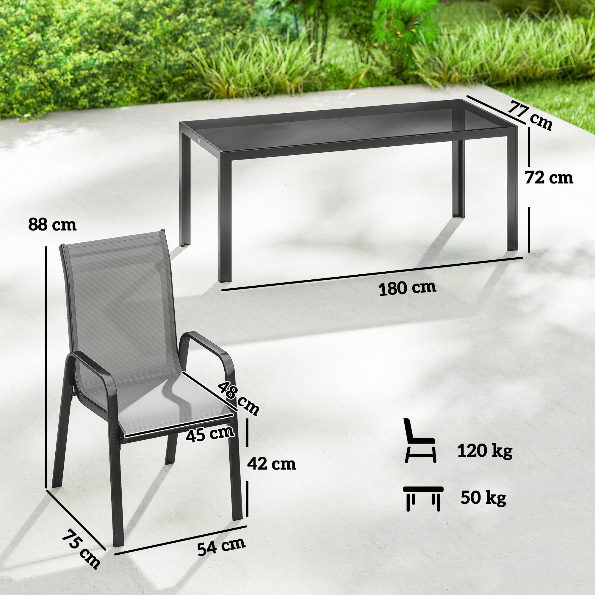  Set de Masa de Gradina 9 Piese, Masa si Scaune pentru 8 Persoane, Set Exterior cu Blat din Sticla Temperata, Gri [2]