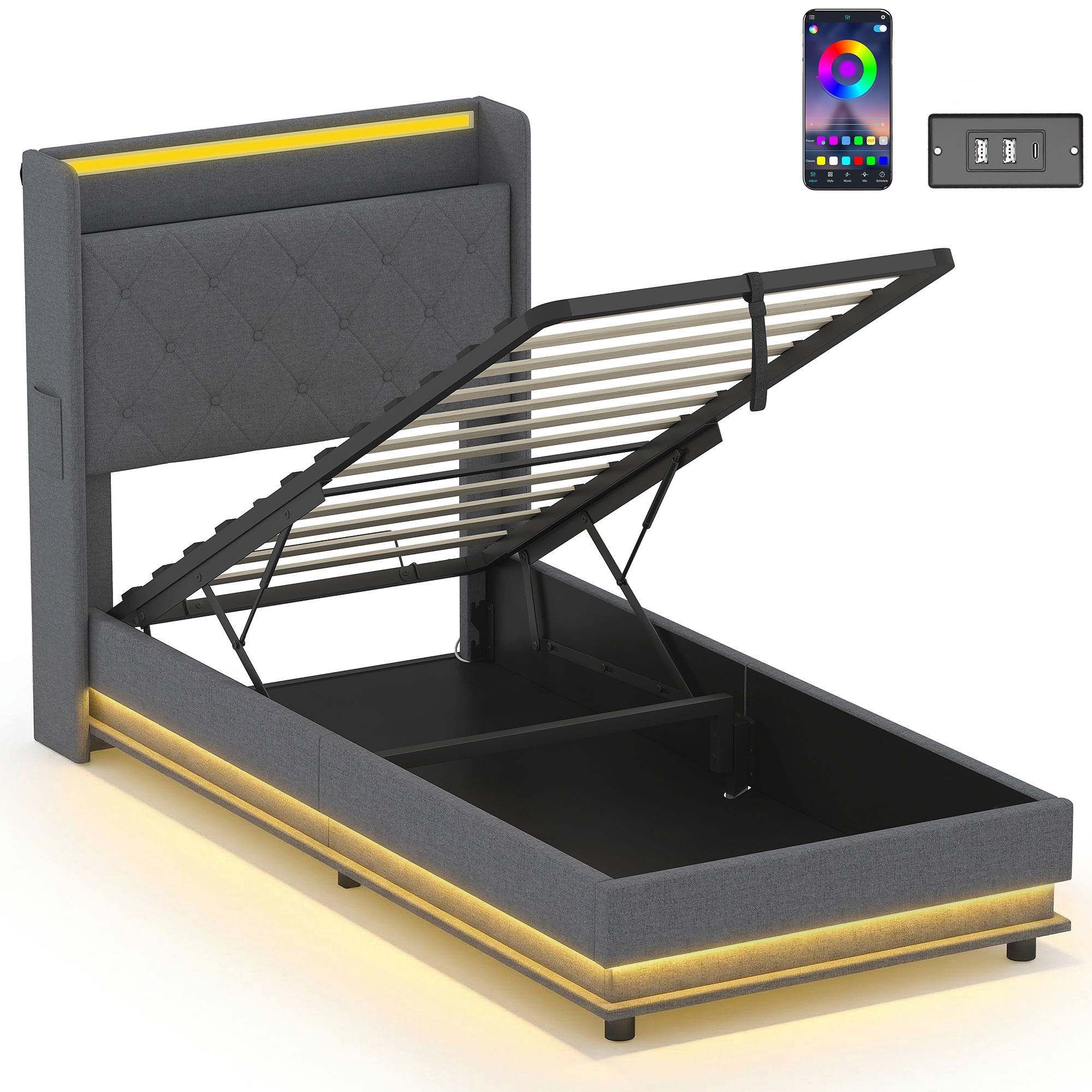 HOMCOM 3ft Single Bed Frame with Headboard, Platform Bed Frame with Hydraulic Storage, LED Lights and Charging Station, Grey