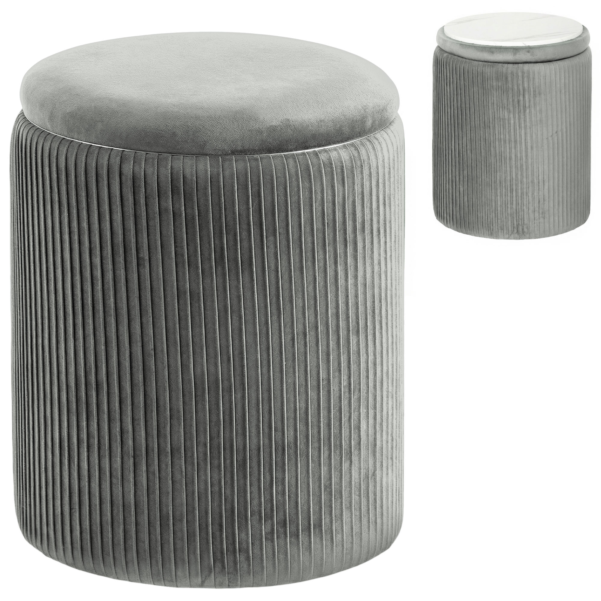 HOMCOM Storage Ottoman Modern Velvet Round Foot Stool for Living Room Bedroom 45 cm Grey