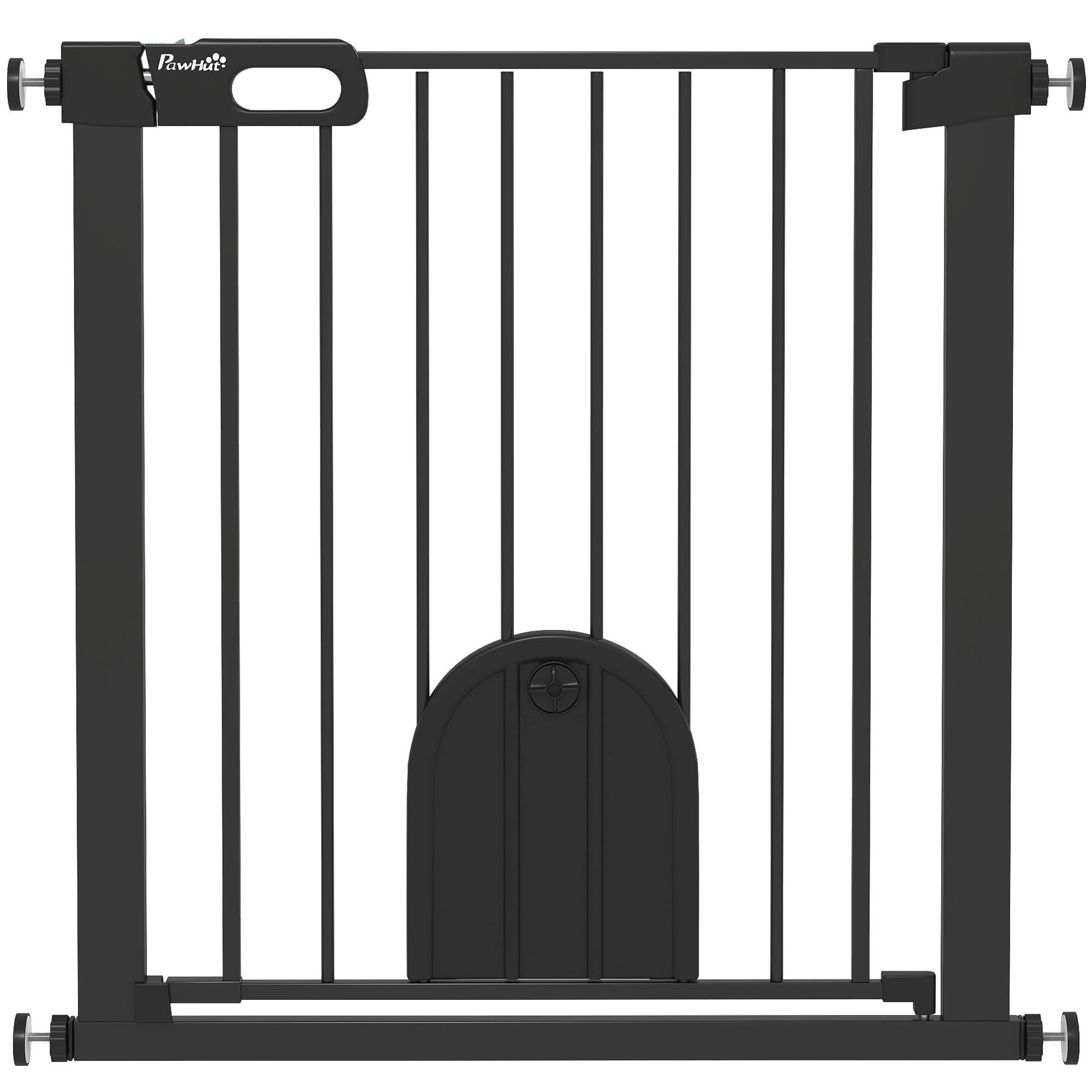 PawHut 75-82 cm Pet Safety Gate Barrier, Stair Pressure Fit, w/ Small Door, Auto Close, Double Locking, for Doorways, Hallways, Black   Aosom UK