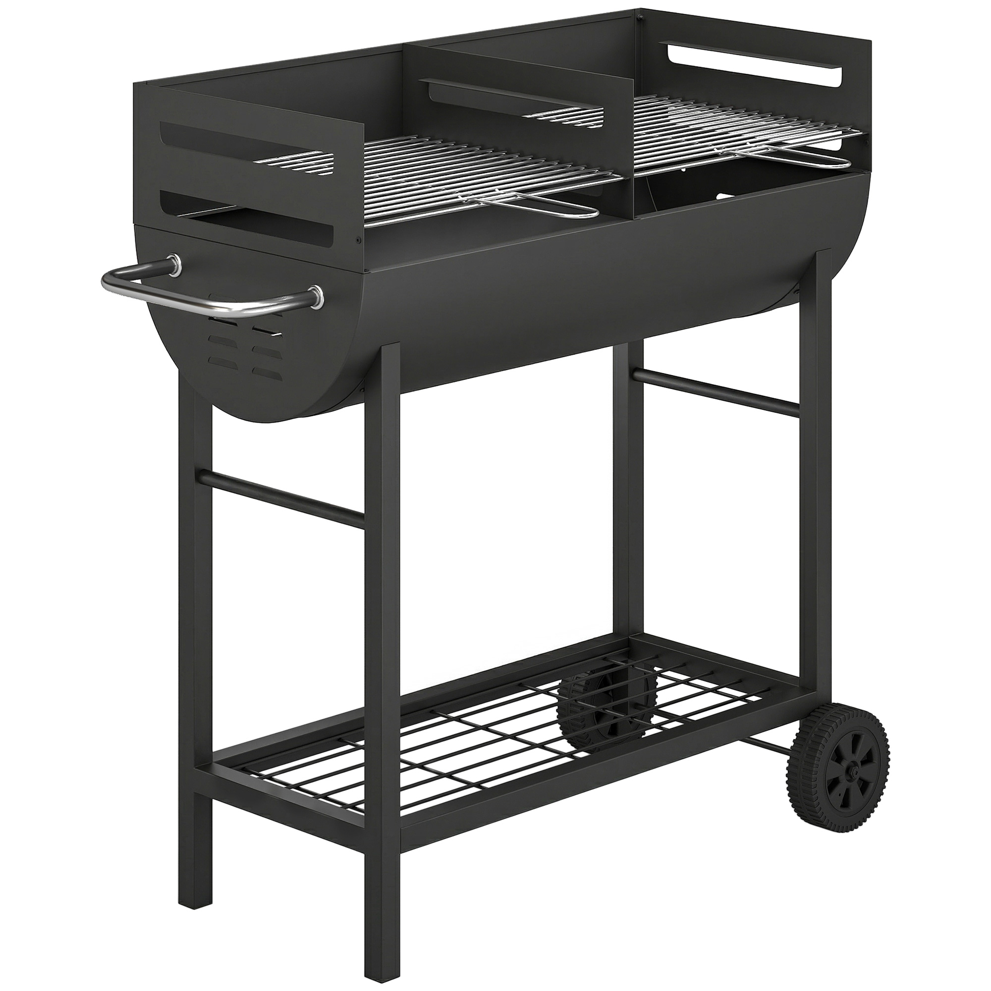 Outsunny Charcoal Barbecue Grill with 2 Cooking Areas, Portable BBQ Trolley with Wheels, Height Adjustable Grates, Bottom Shelf