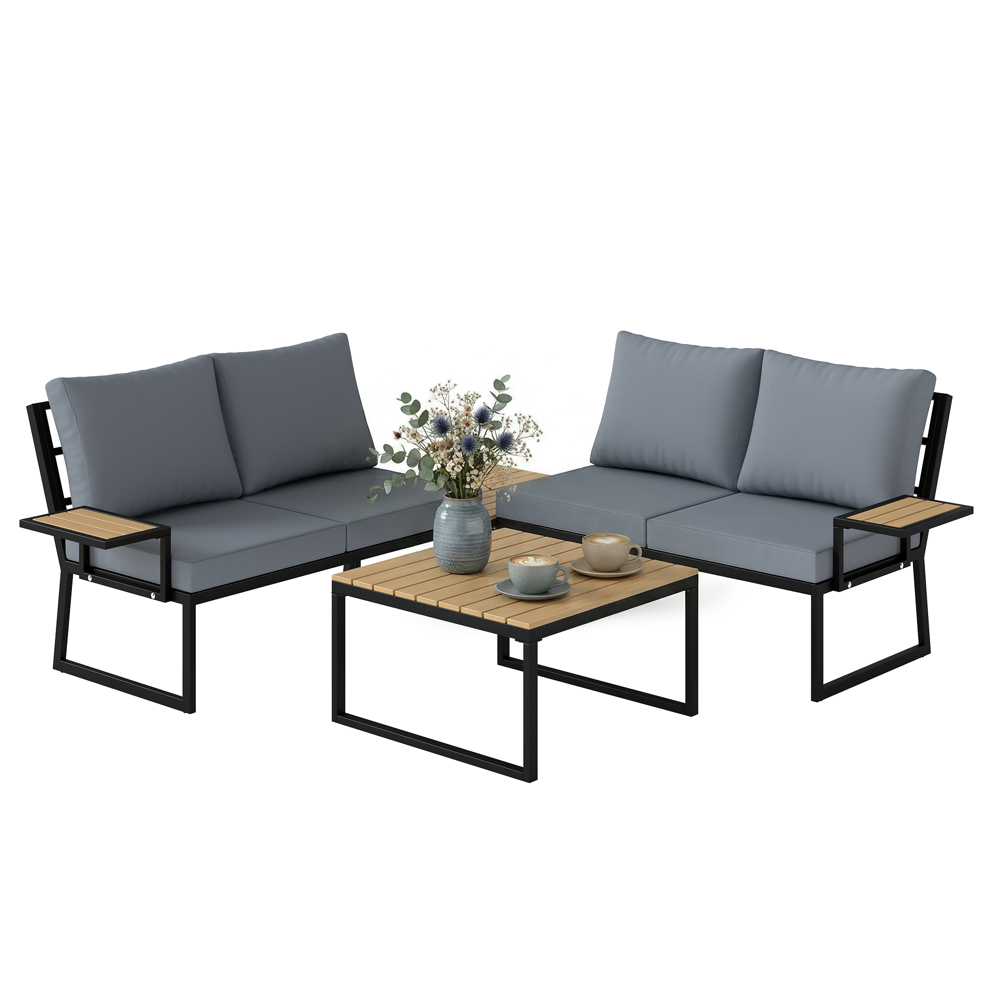 Outsunny Ensemble de mobilier de jardin en L en métal pour 4 personnes, salon de jardin avec canapé 2 places, coussins, 2 tables gigognes Teck
