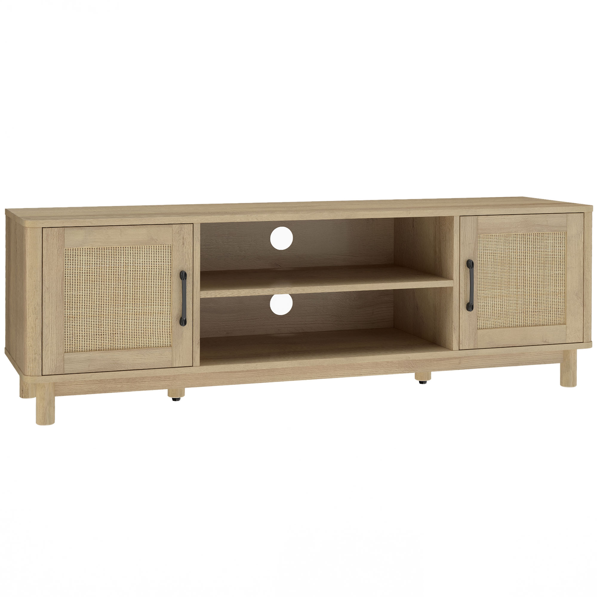 HOMCOM TV-Möbel 135 cm, TV-Möbel für Fernseher bis 165,1 cm mit 2 Rattan-Türen, 2 offenen Fächern, Boho-Stil, 6 Kiefernholzfüße, TV-Bank für Wohn- und Schlafzimmer, Eiche Aosom
