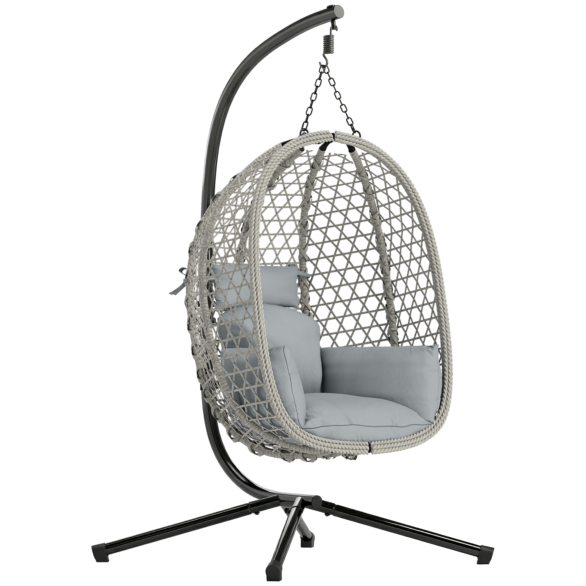 Outsunny Hanging Egg Chair, Indoor Outdoor Rattan Hammock Swing Chair with Stand, Safety Strap, Foldable Basket, Light Grey