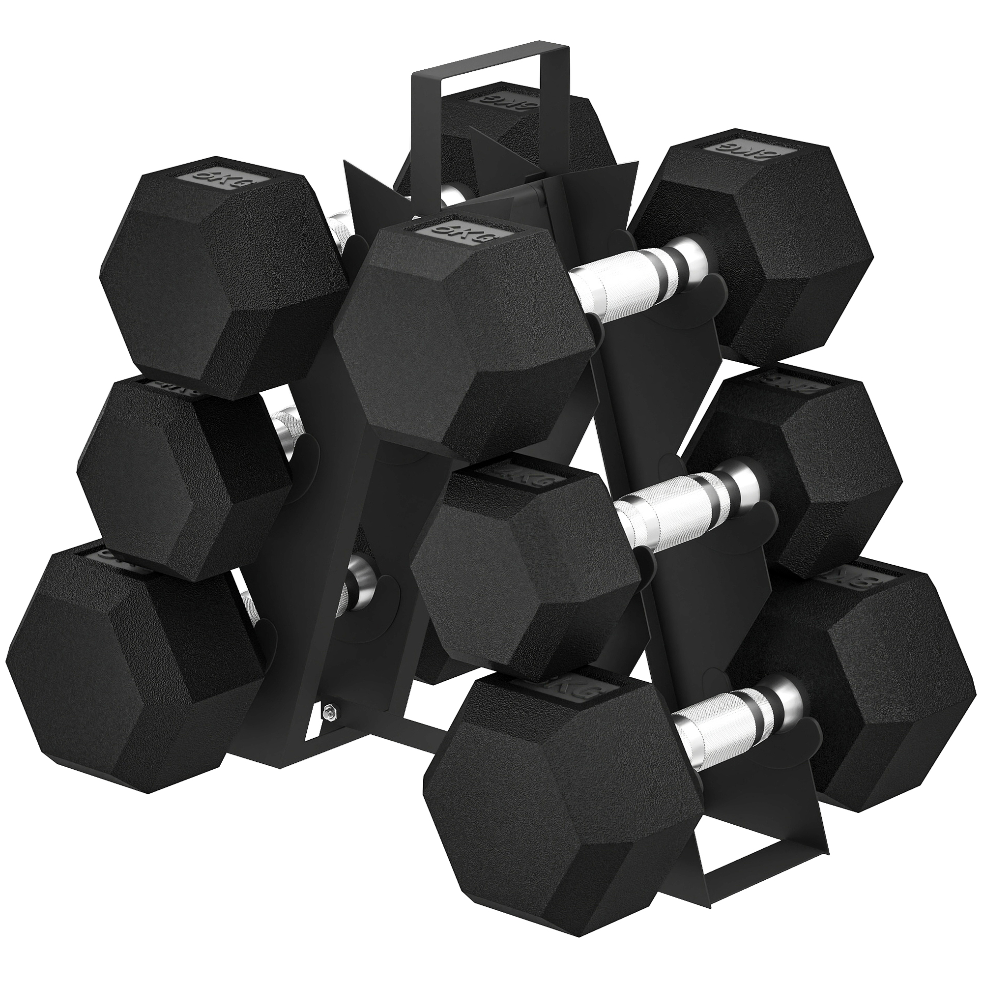 SPORTNOW Ensemble d'Haltères Hexagonaux avec Support, Haltères Revêtus de Caoutchouc, Poignées Antidérapantes en Chrome, Noir