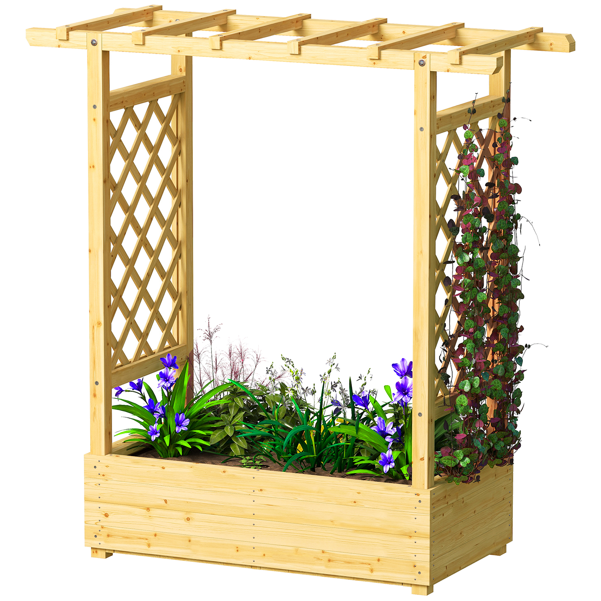 Outsunny Jardinière surélevée avec treillis latéral et supérieur, bac à fleurs trous de drainage, 110x44x113cm, bois naturel